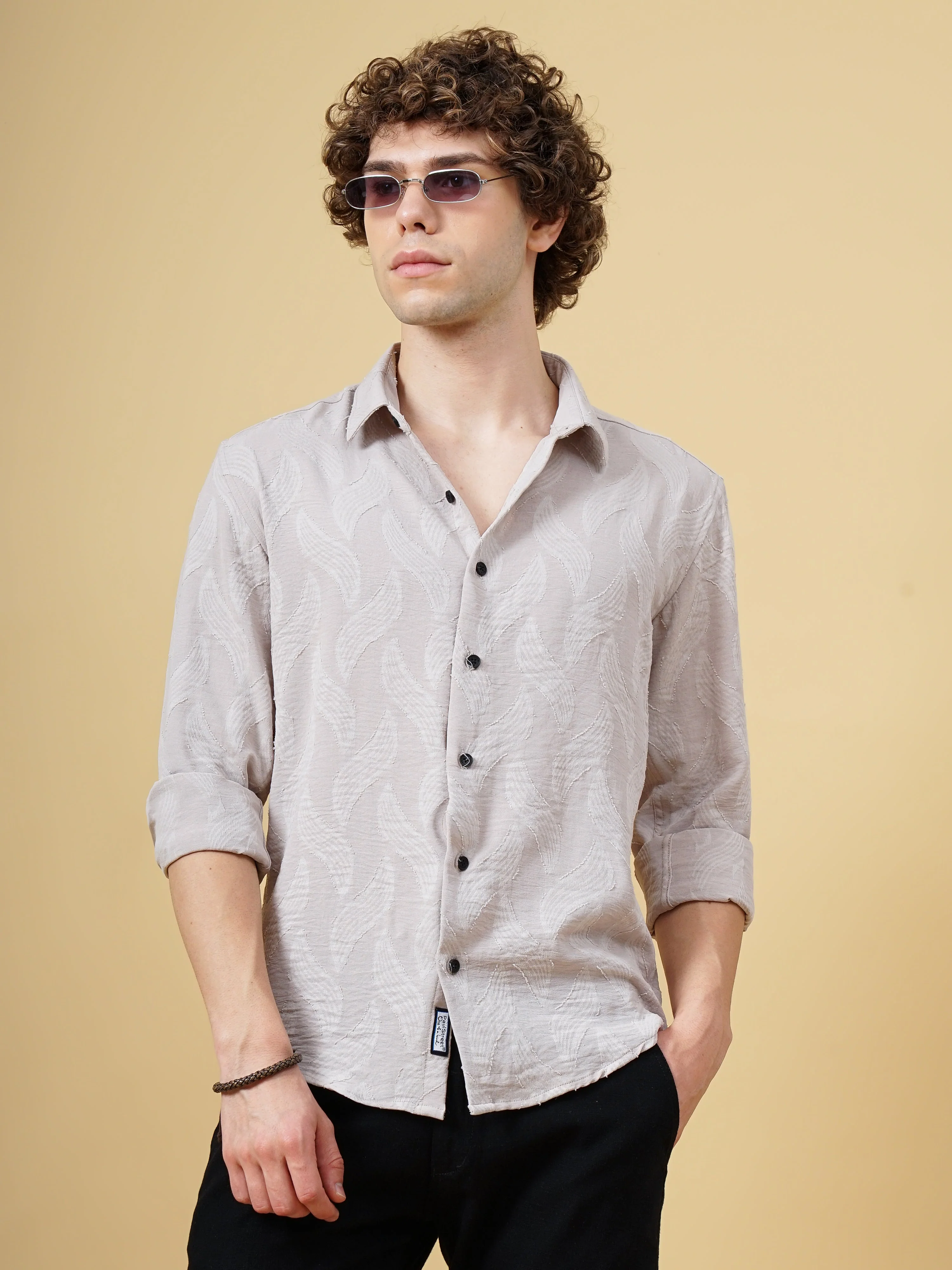 Men Downy Beige Self-Design Shirt - Image 2