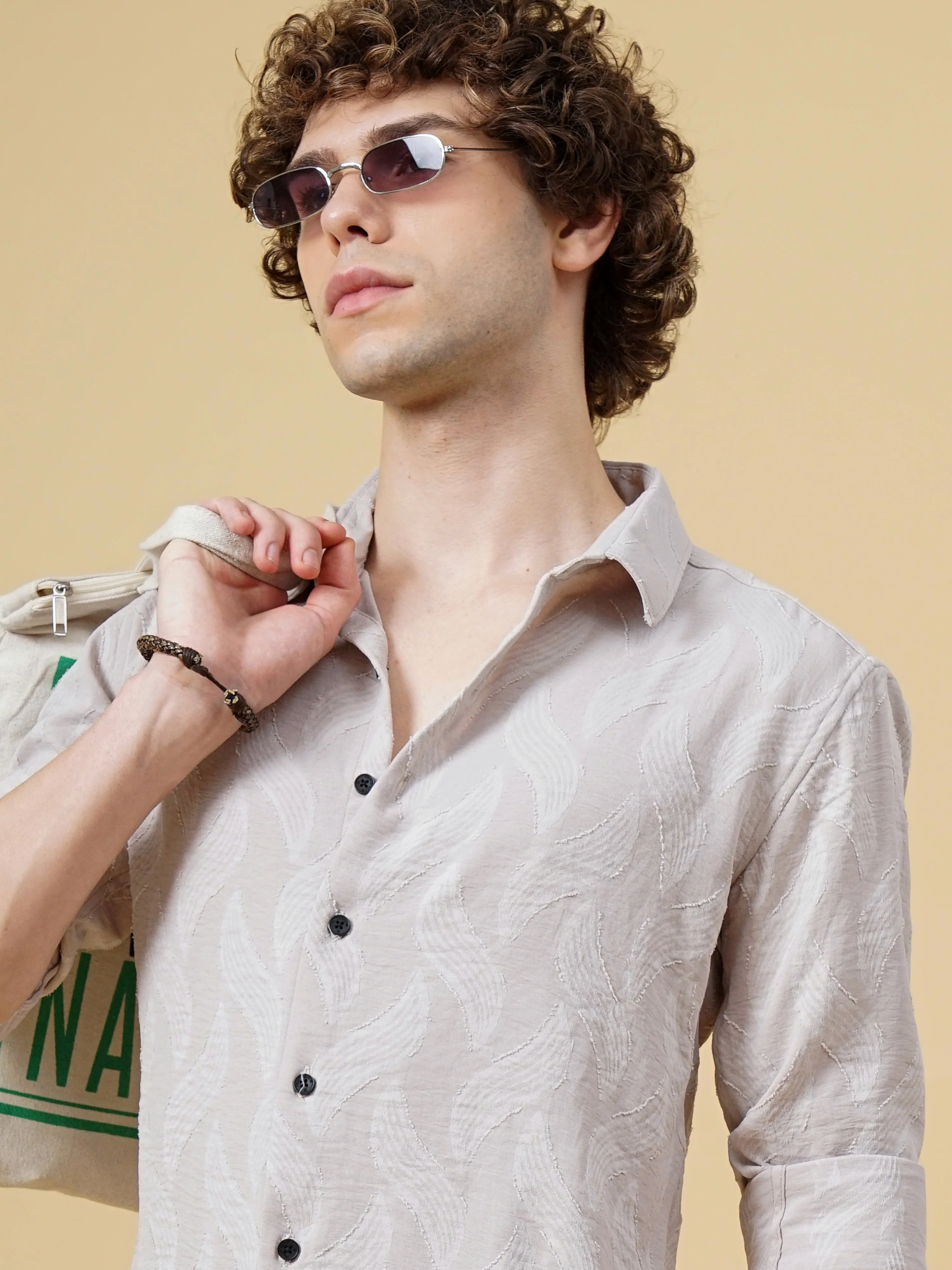 Men Downy Beige Self-Design Shirt - Image 4