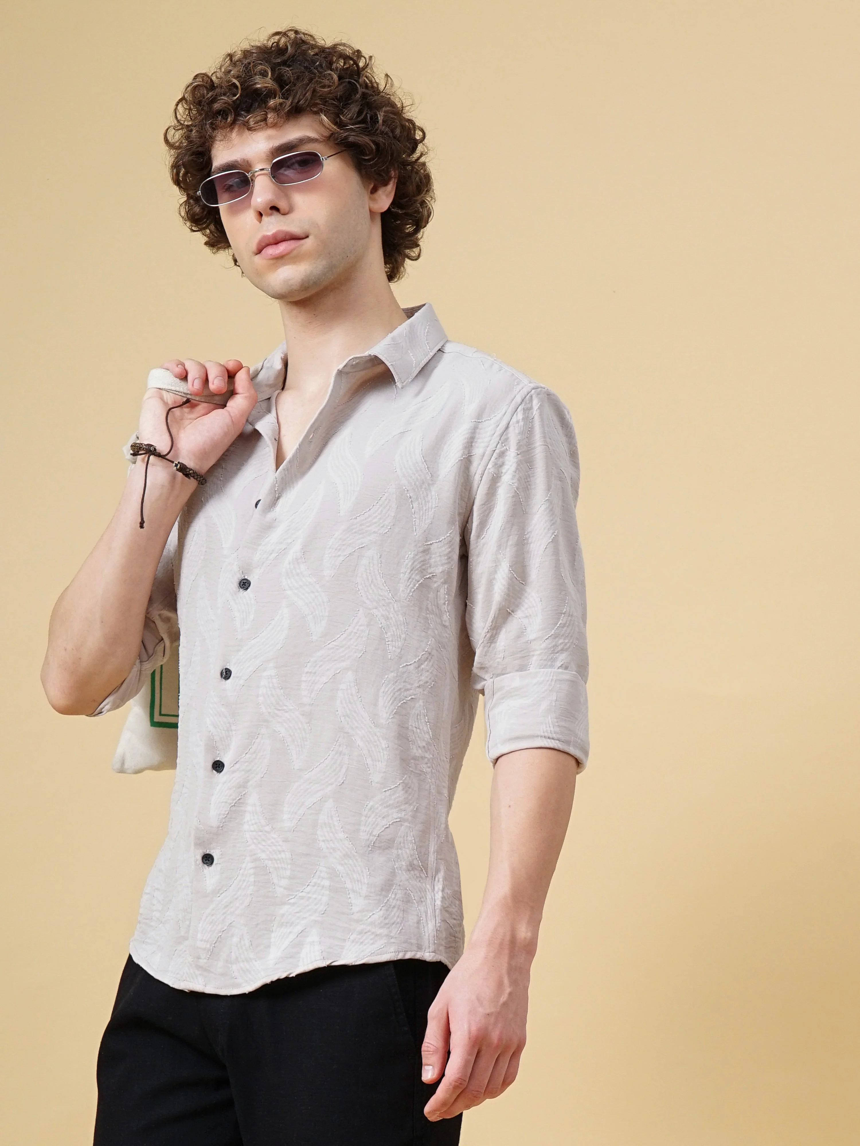 Men Downy Beige Self-Design Shirt - Image 5