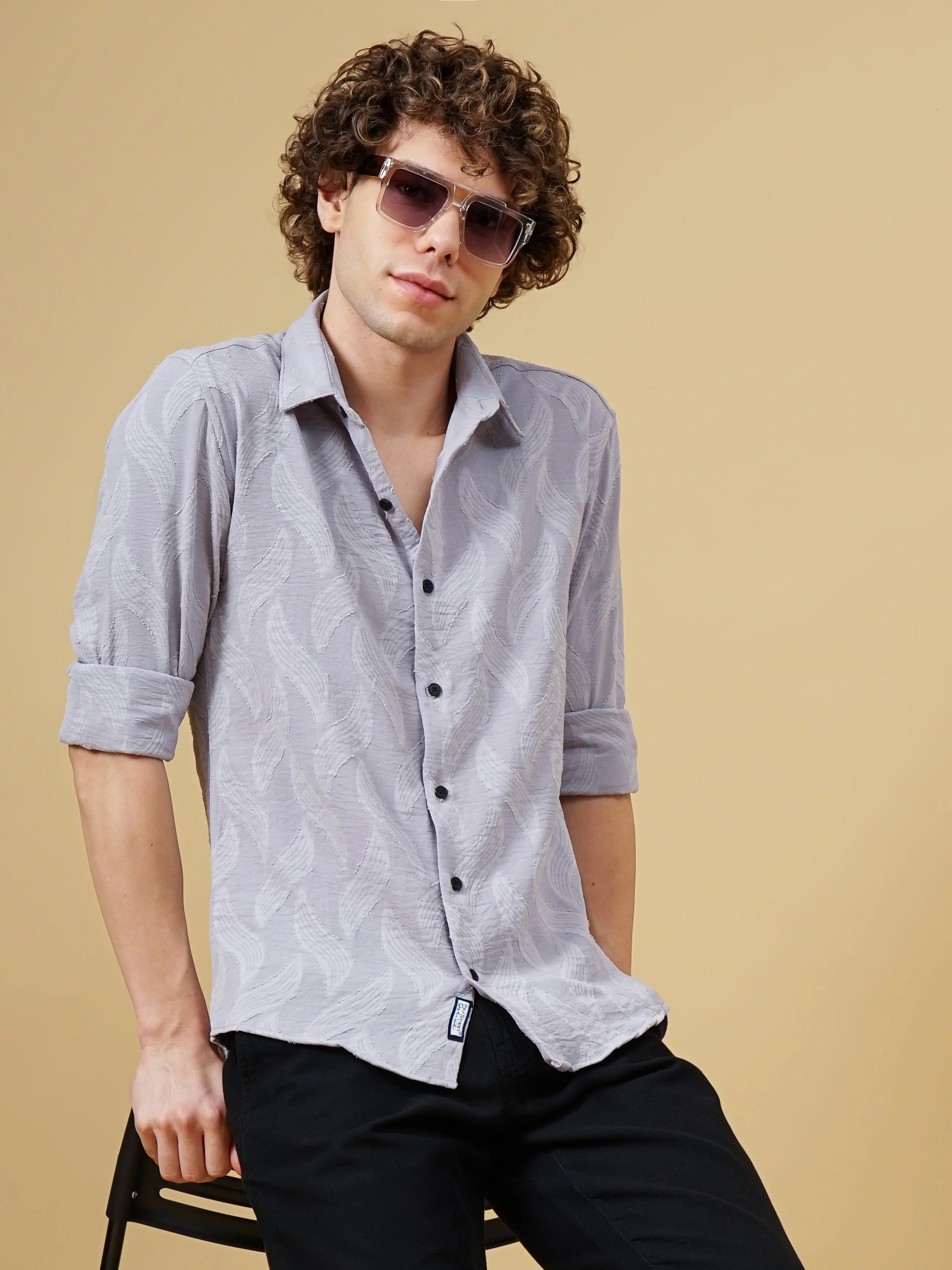Men Downy Grey Self-Design Shirt - Image 2