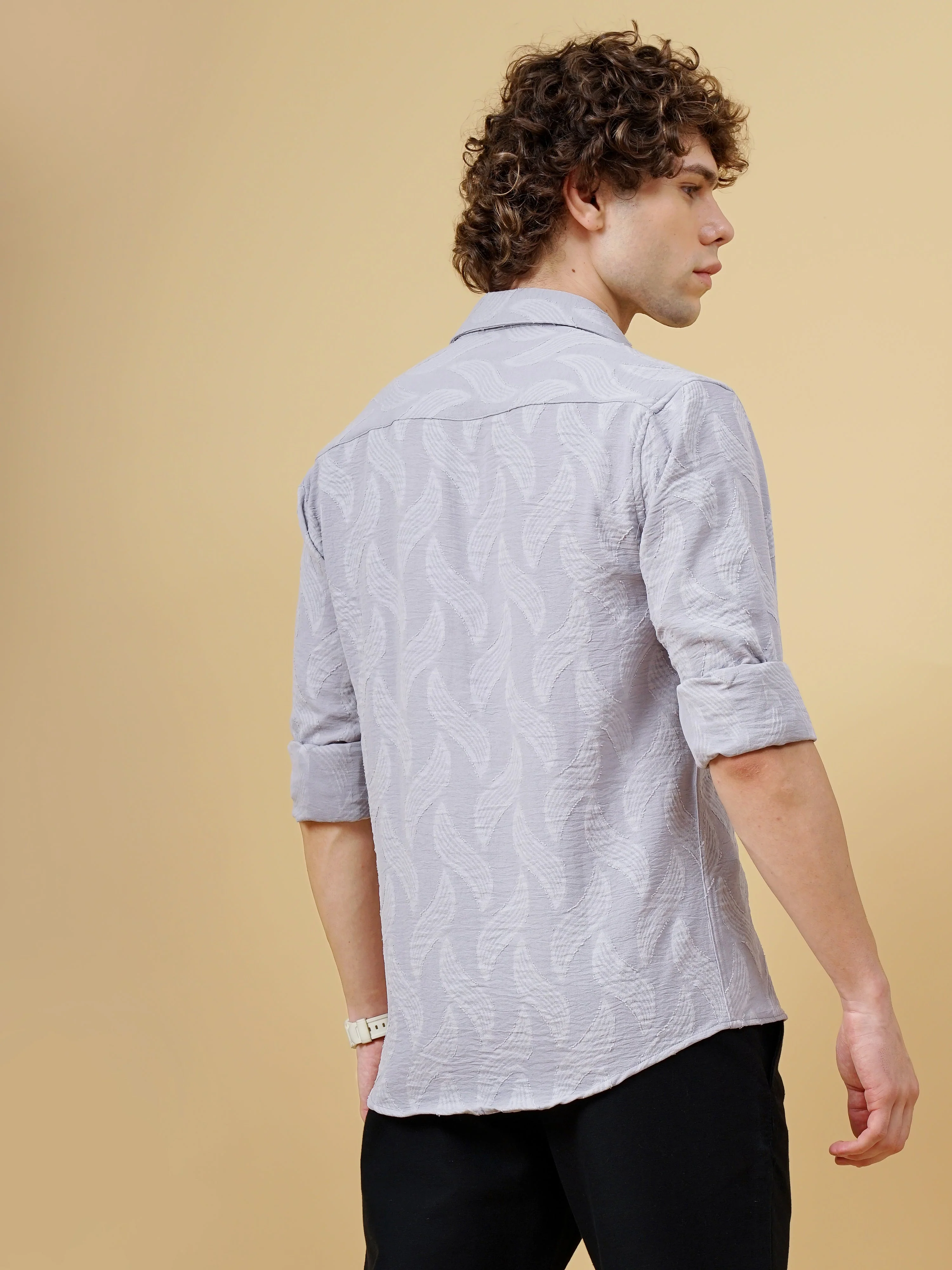 Men Downy Grey Self-Design Shirt - Image 3