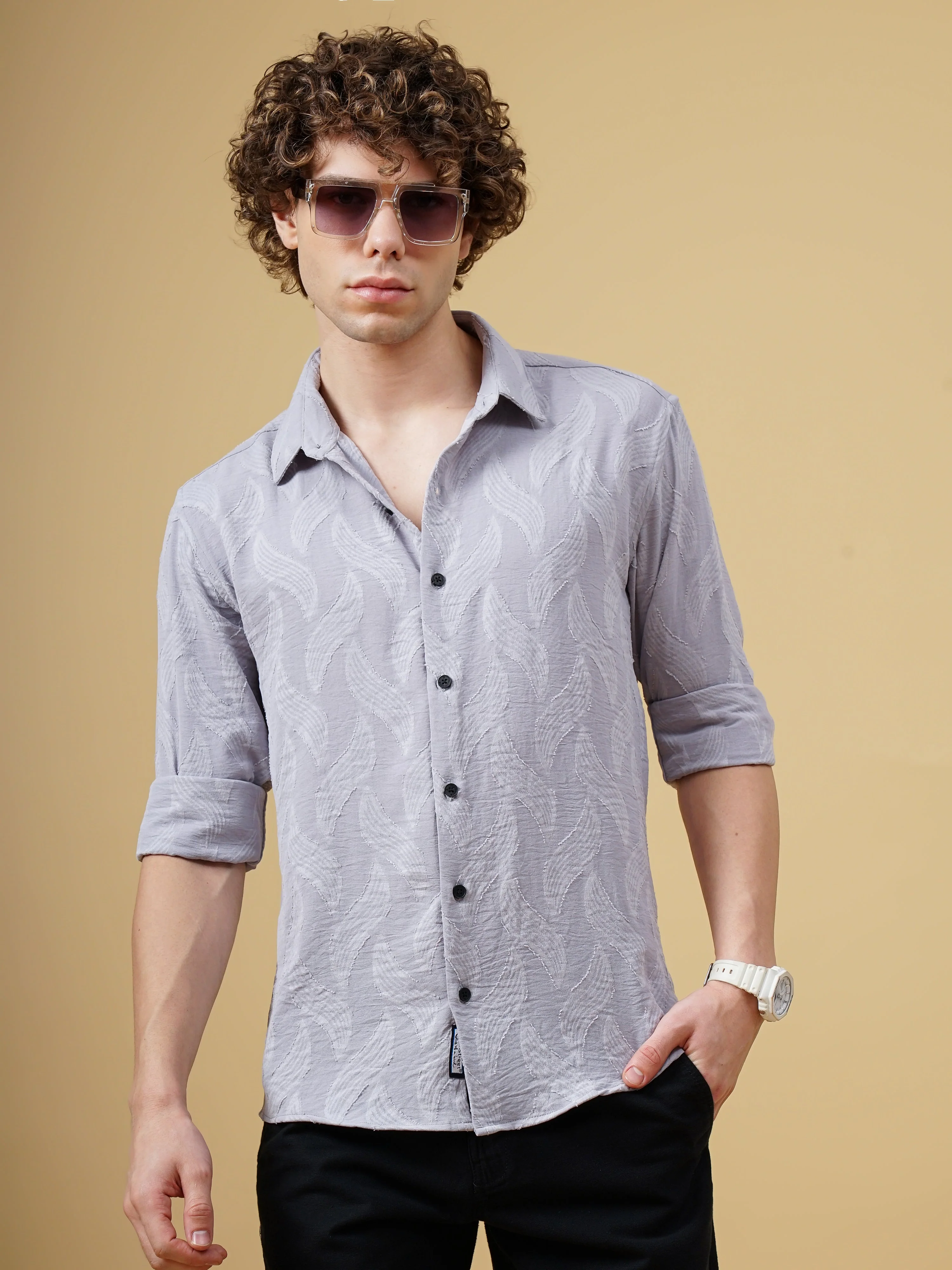 Men Downy Grey Self-Design Shirt - Image 4