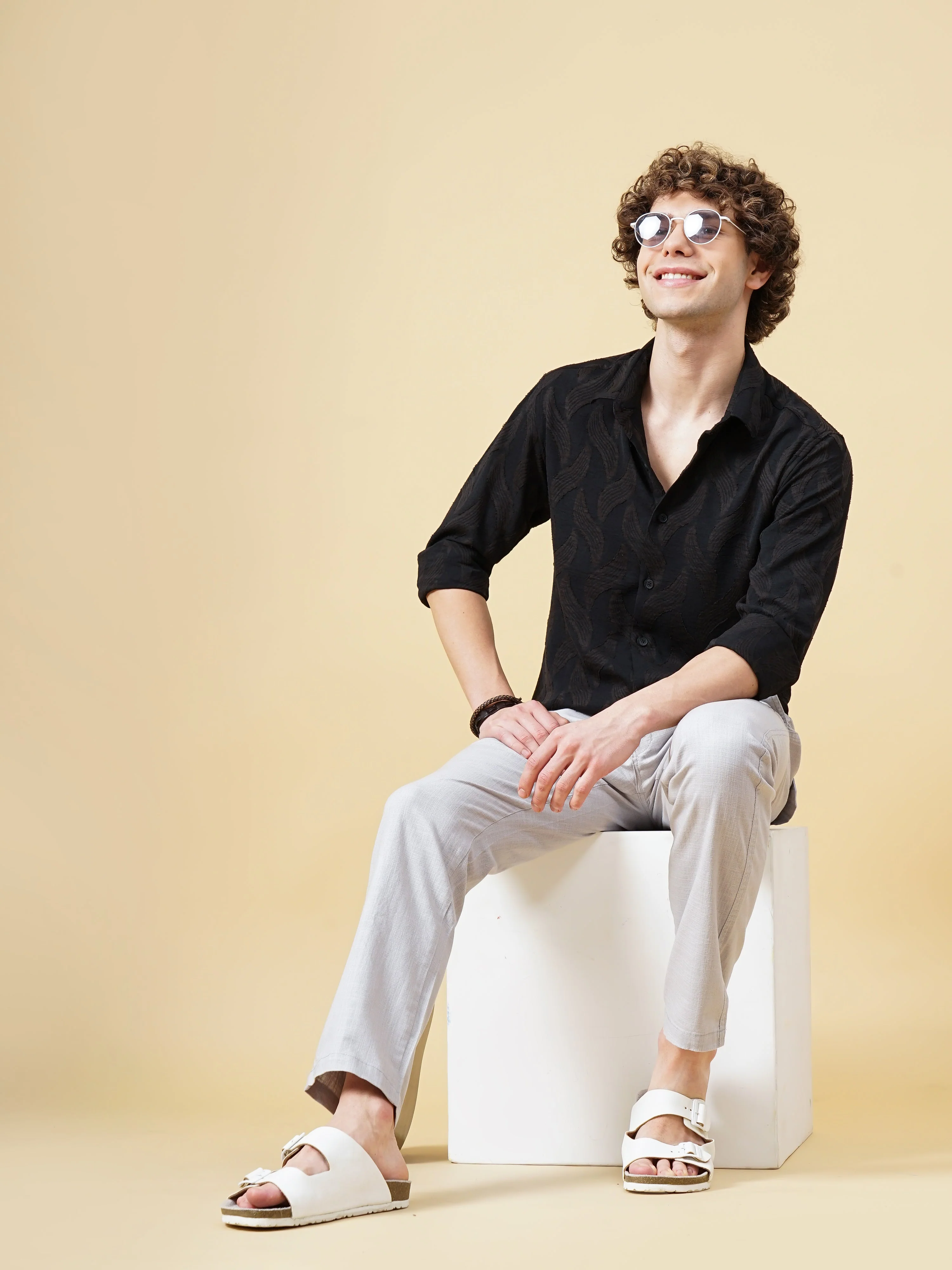 Men Downy Grey Self-Design Shirt - Image 6