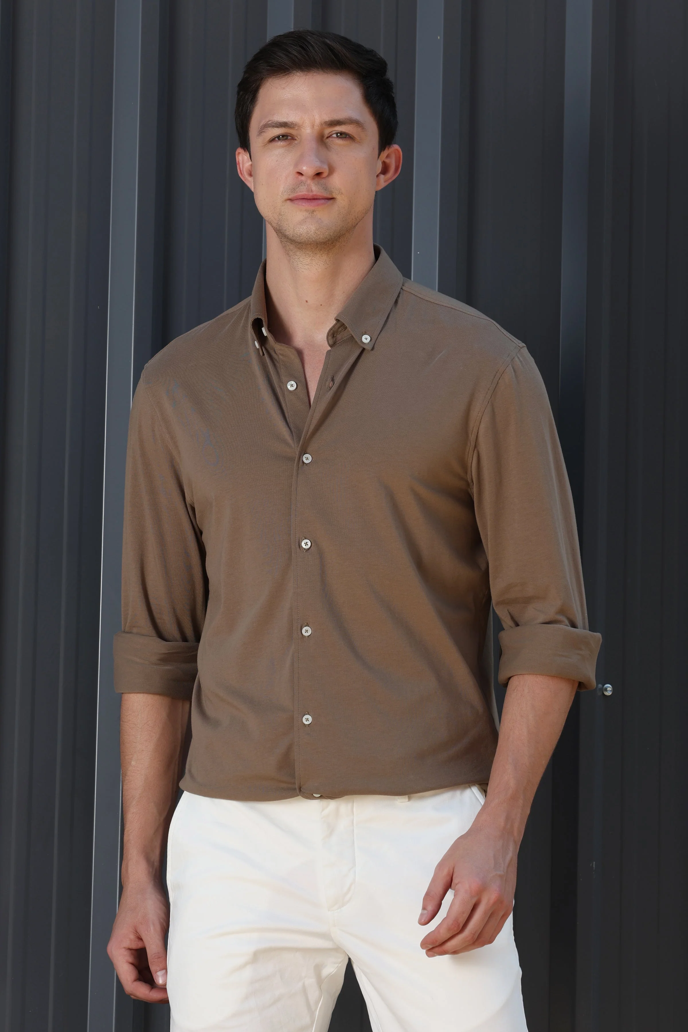 Men Drawback Knitted Stretch Shirt Khaki - Image 4