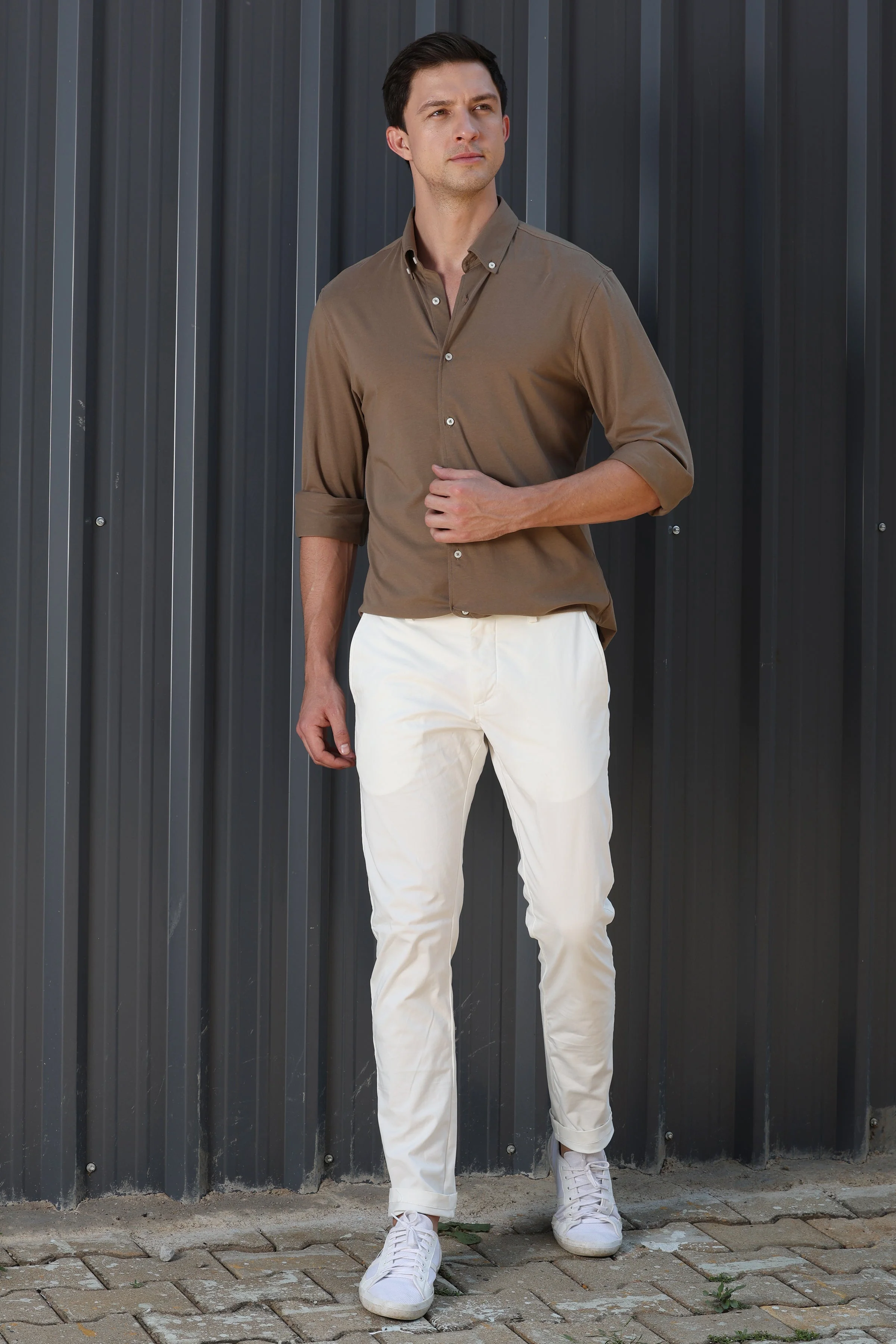 Men Drawback Knitted Stretch Shirt Khaki - Image 6