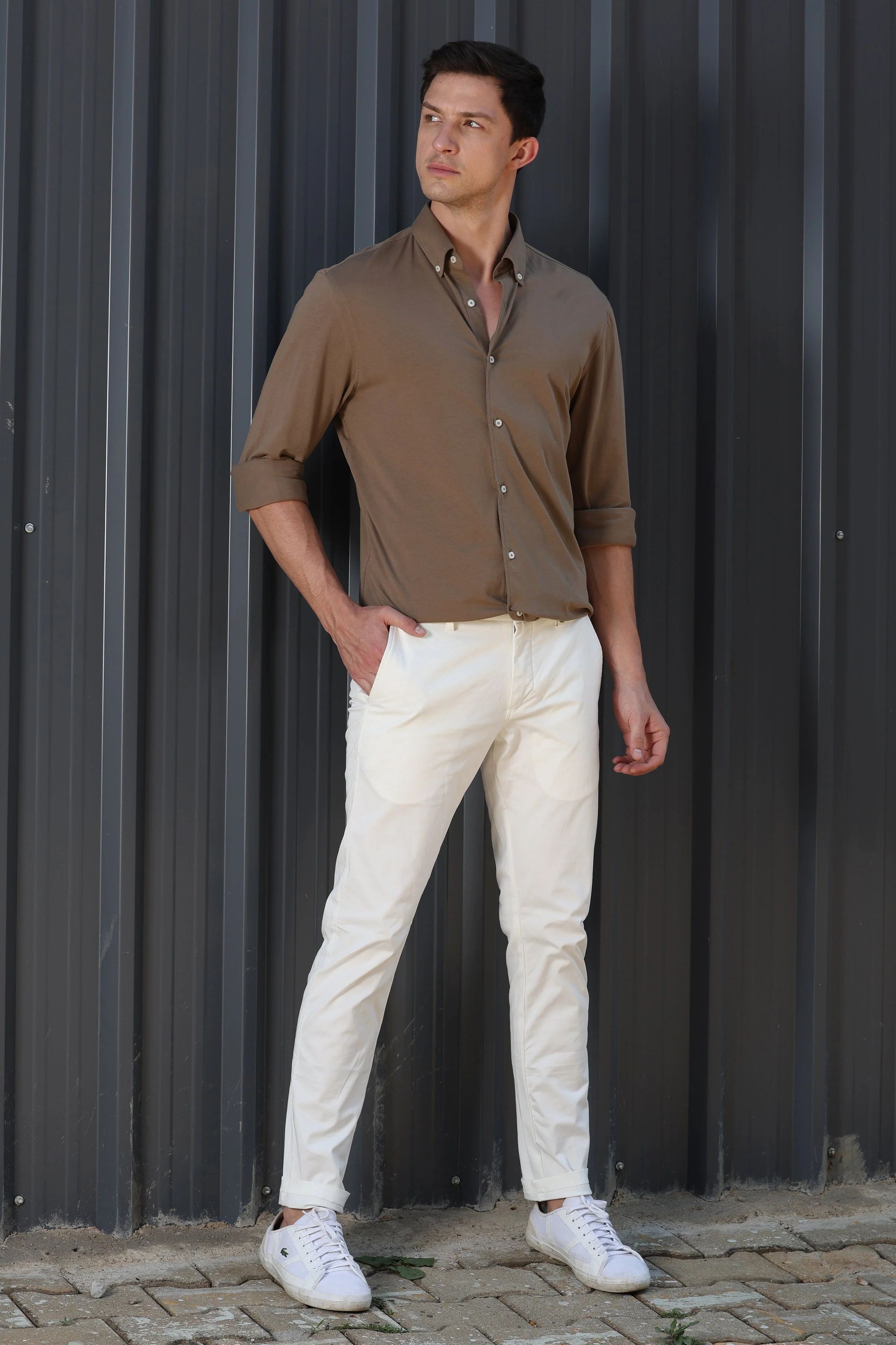 Men Drawback Knitted Stretch Shirt Khaki - Image 7