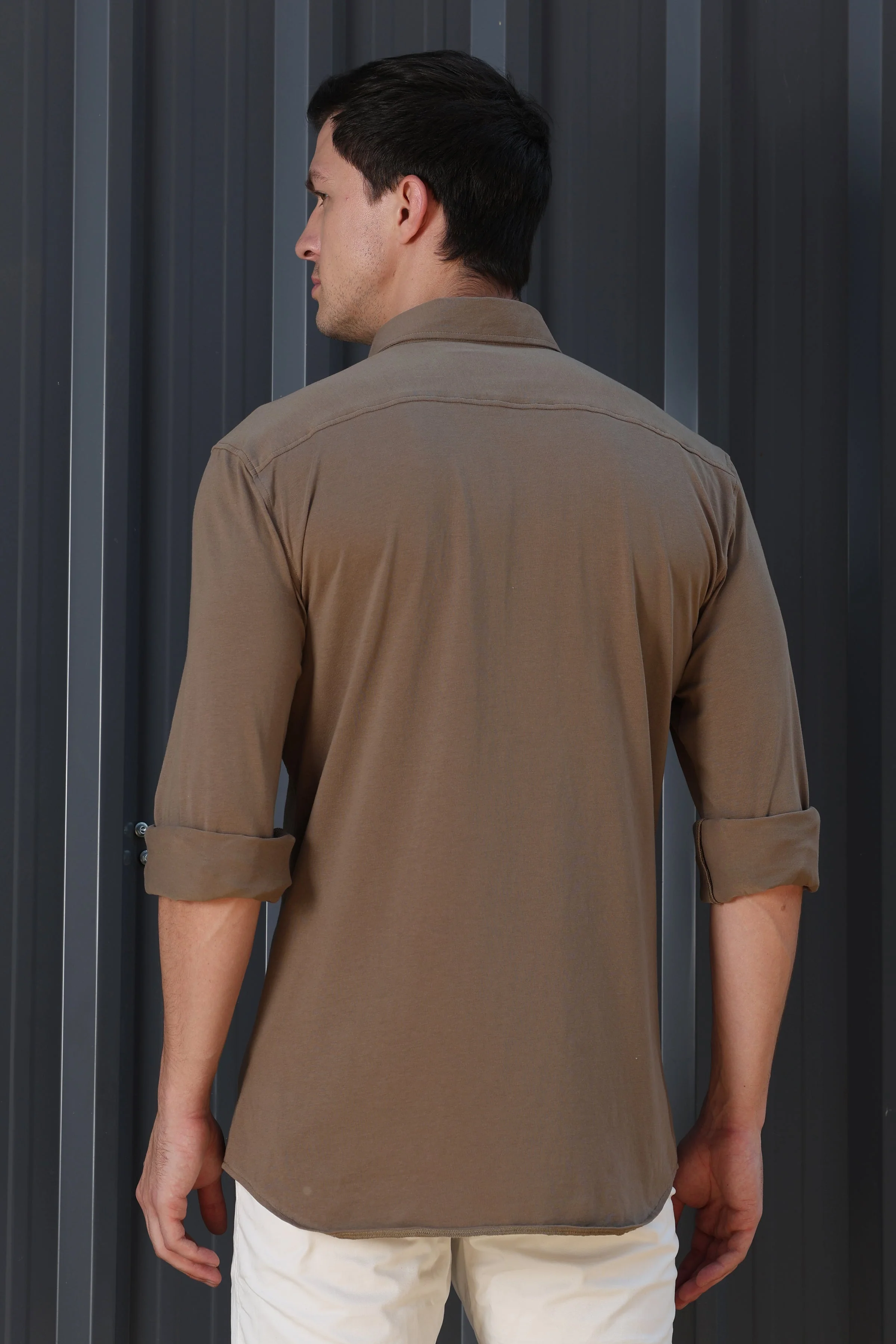 Men Drawback Knitted Stretch Shirt Khaki - Image 8