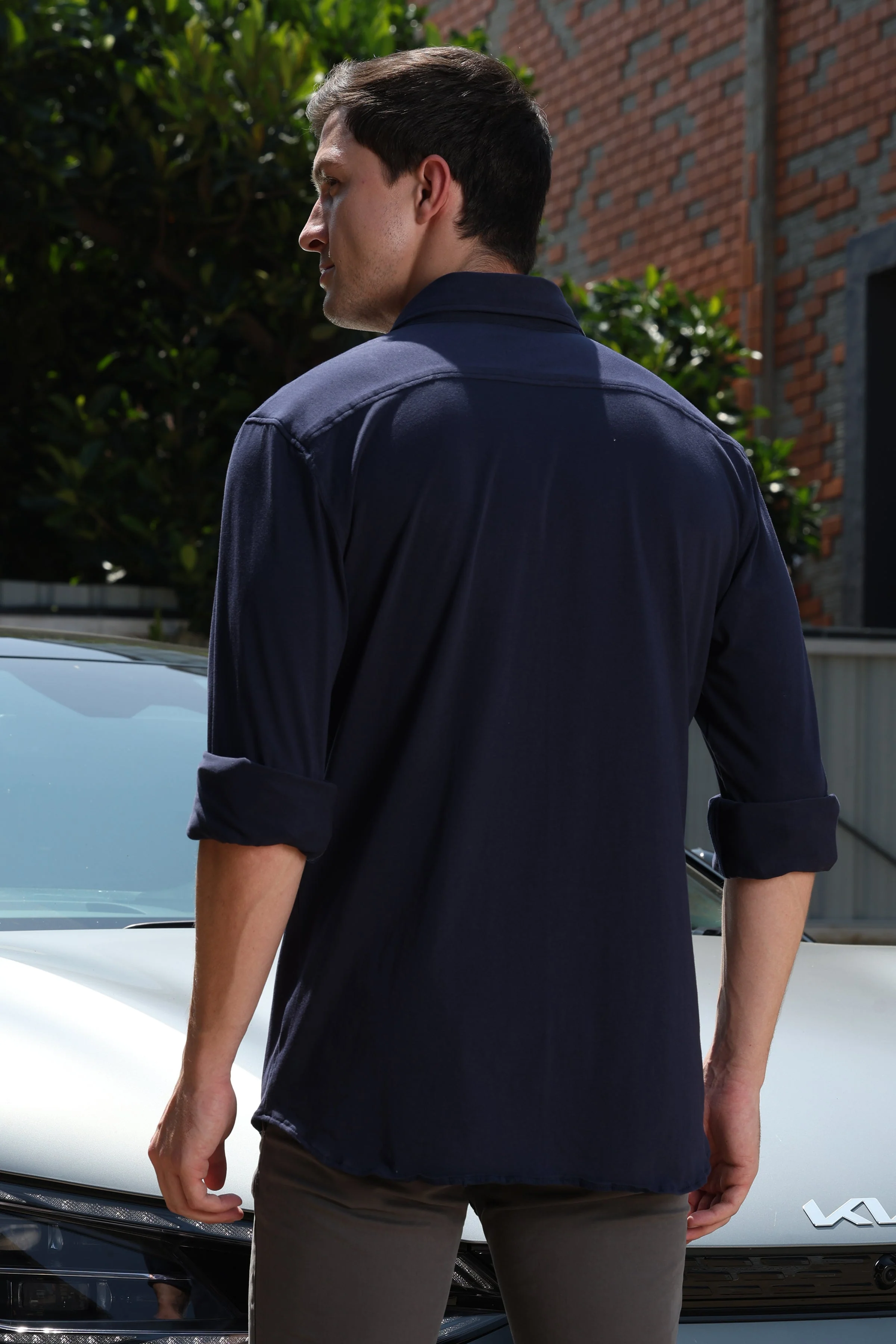 Men Drawback Knitted Stretch Shirt Navy - Image 8