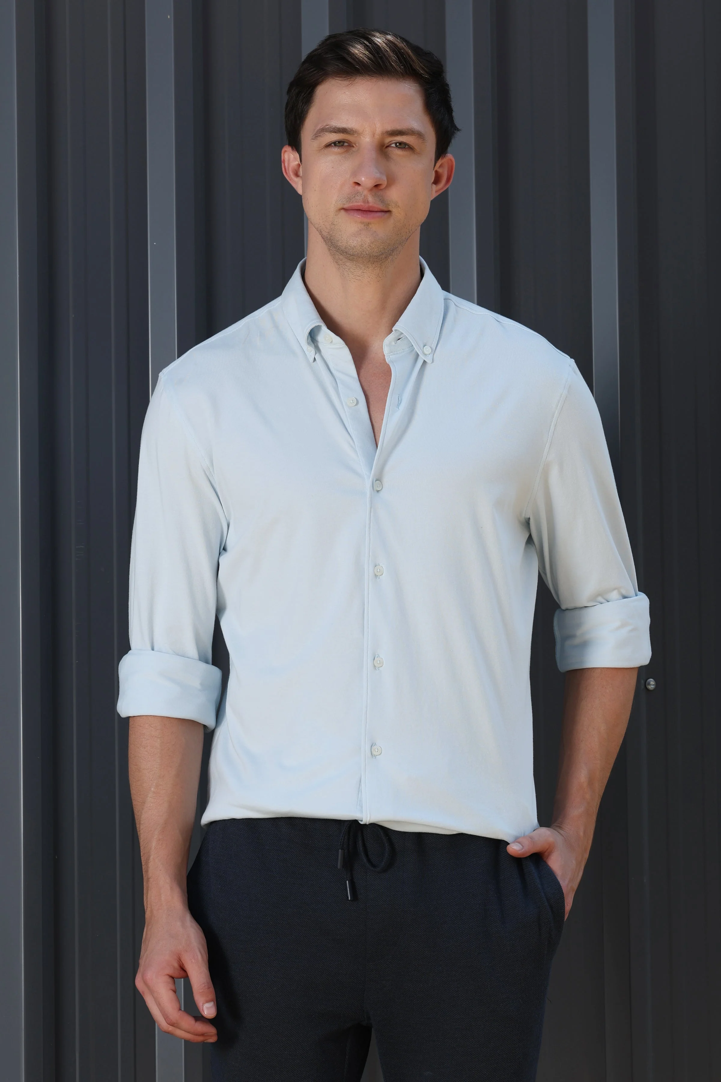 Men Drawback Knitted Stretch Shirt Sky - Image 3