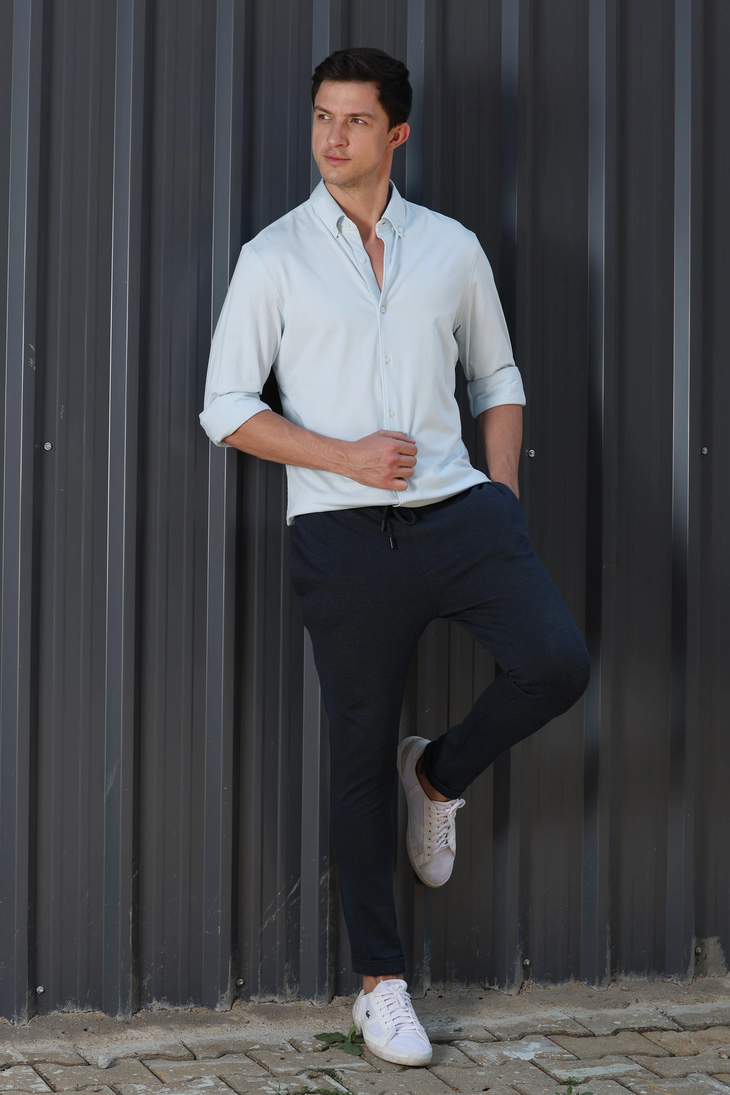 Men Drawback Knitted Stretch Shirt Sky - Image 4