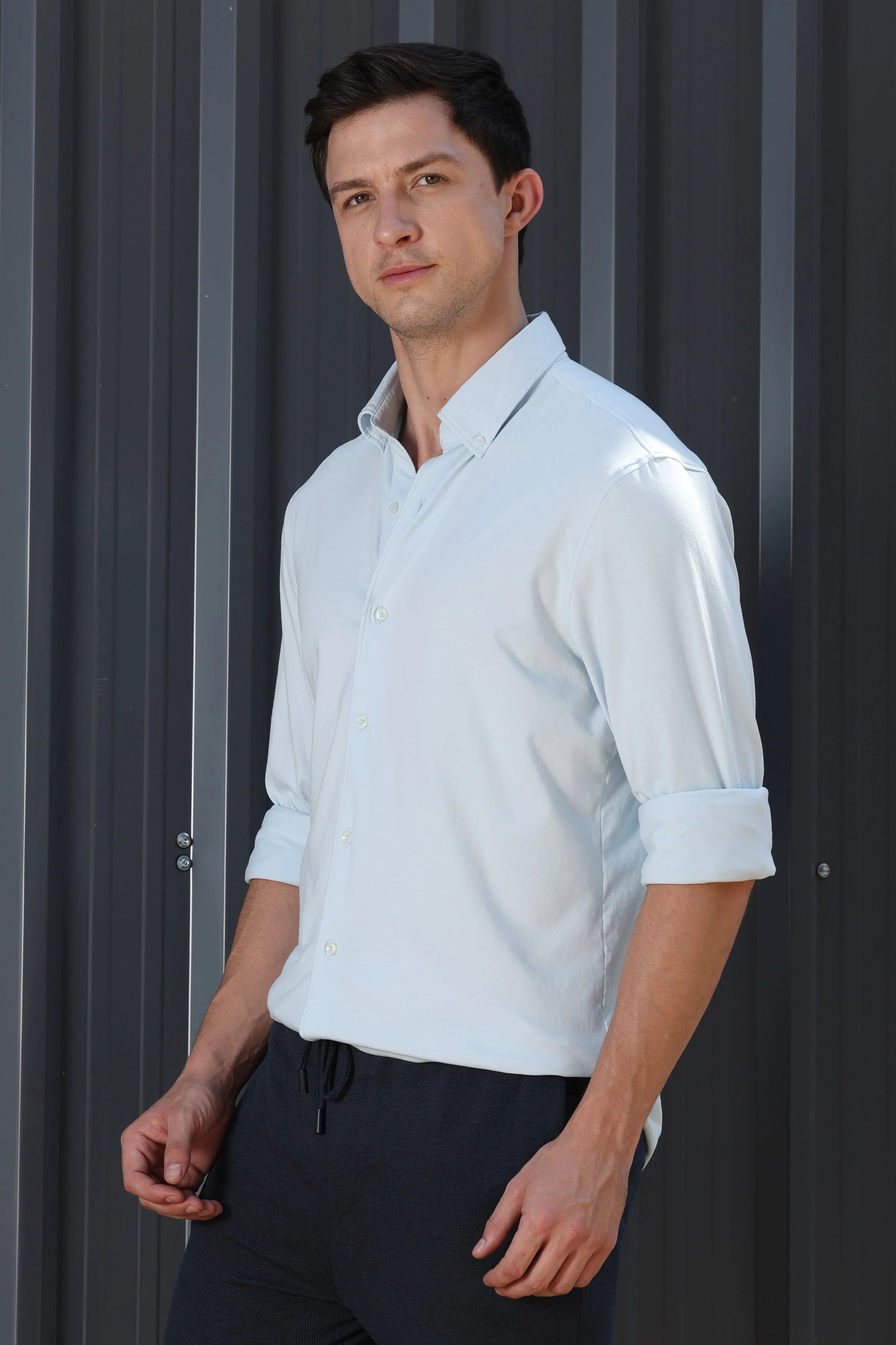 Men Drawback Knitted Stretch Shirt Sky - Image 5