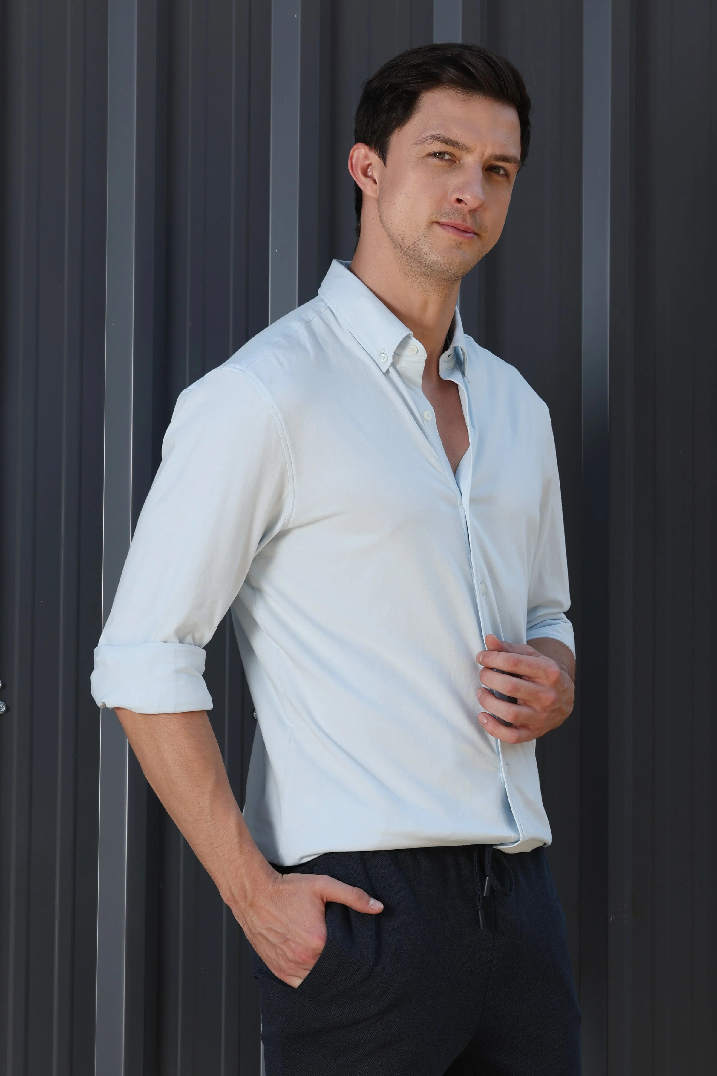 Men Drawback Knitted Stretch Shirt Sky - Image 6