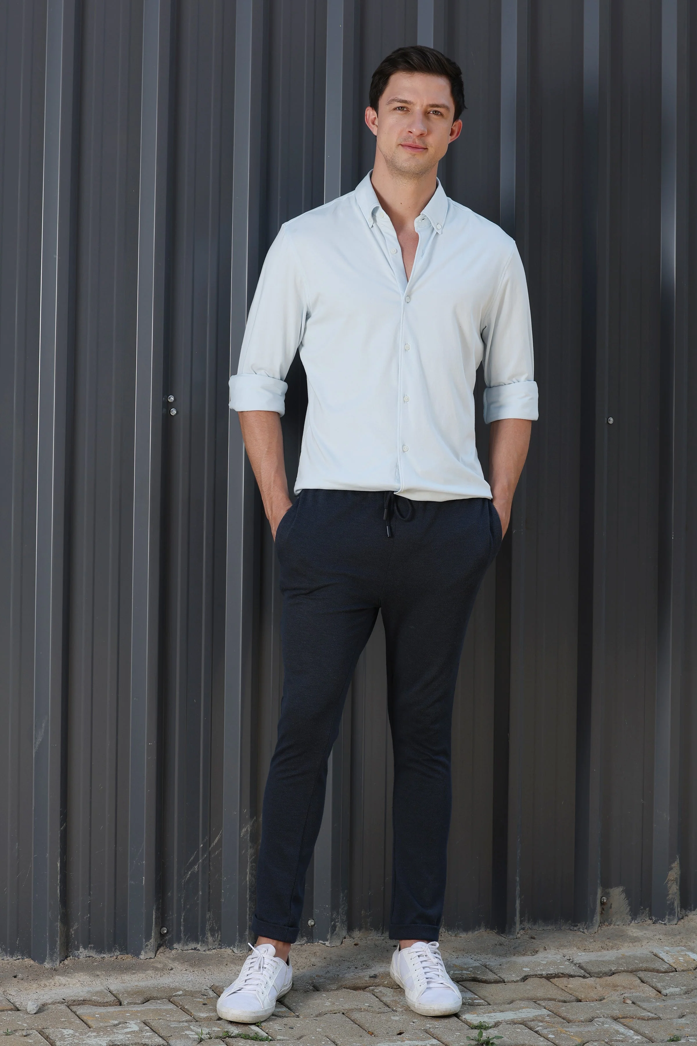 Men Drawback Knitted Stretch Shirt Sky - Image 7