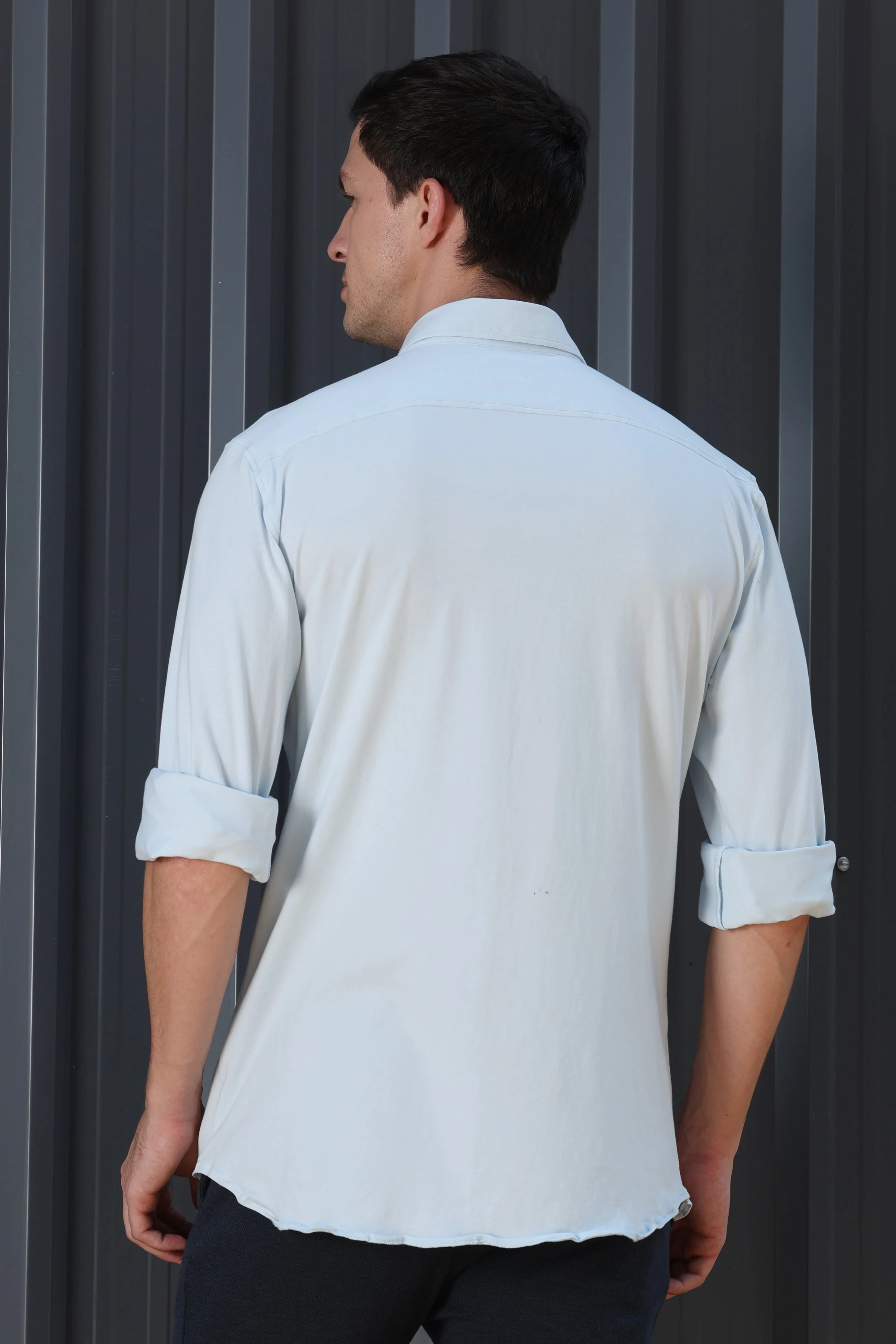 Men Drawback Knitted Stretch Shirt Sky - Image 8