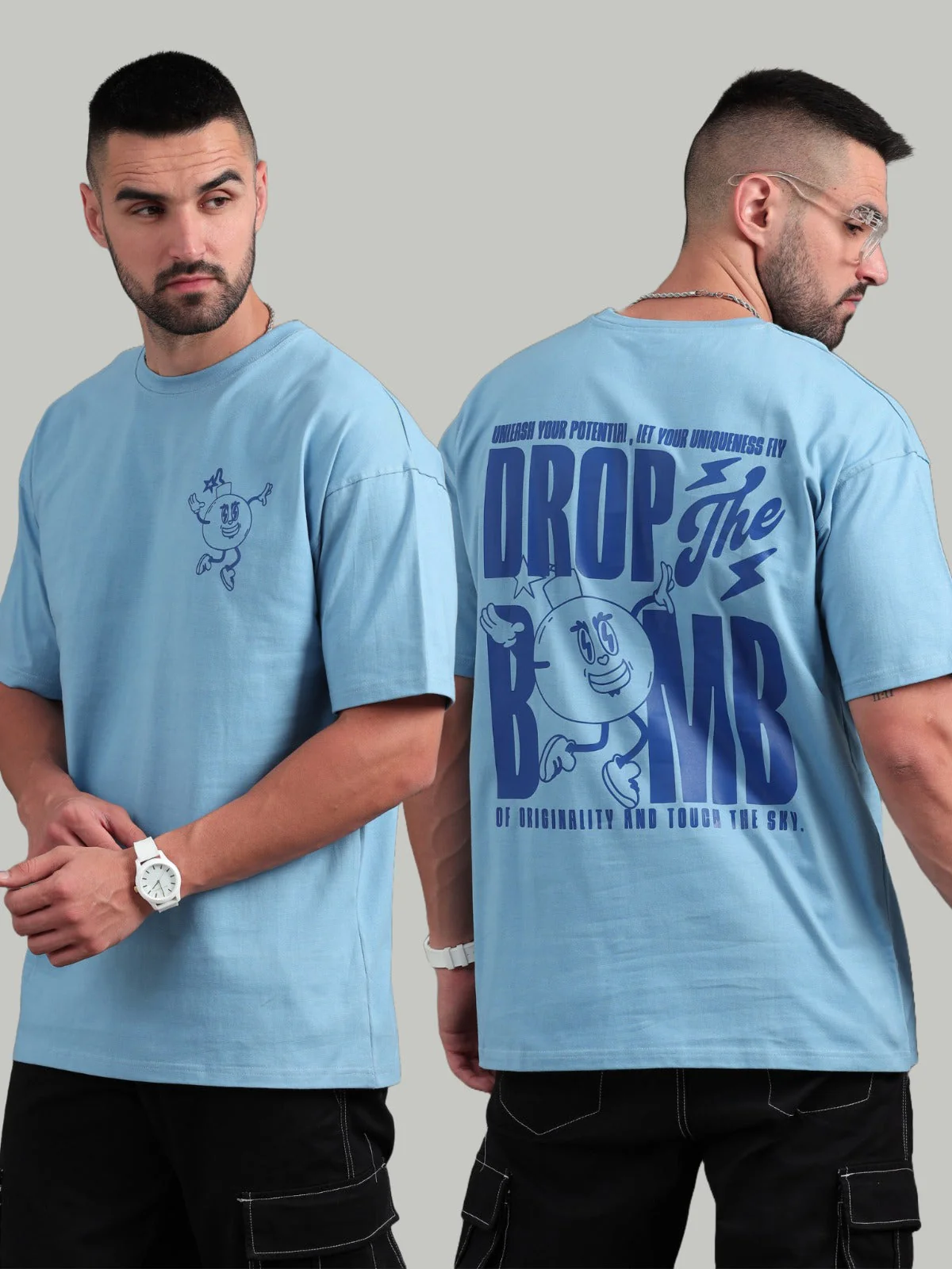 Men Drop the Bomb Blue Oversized T-Shirt - Image 2