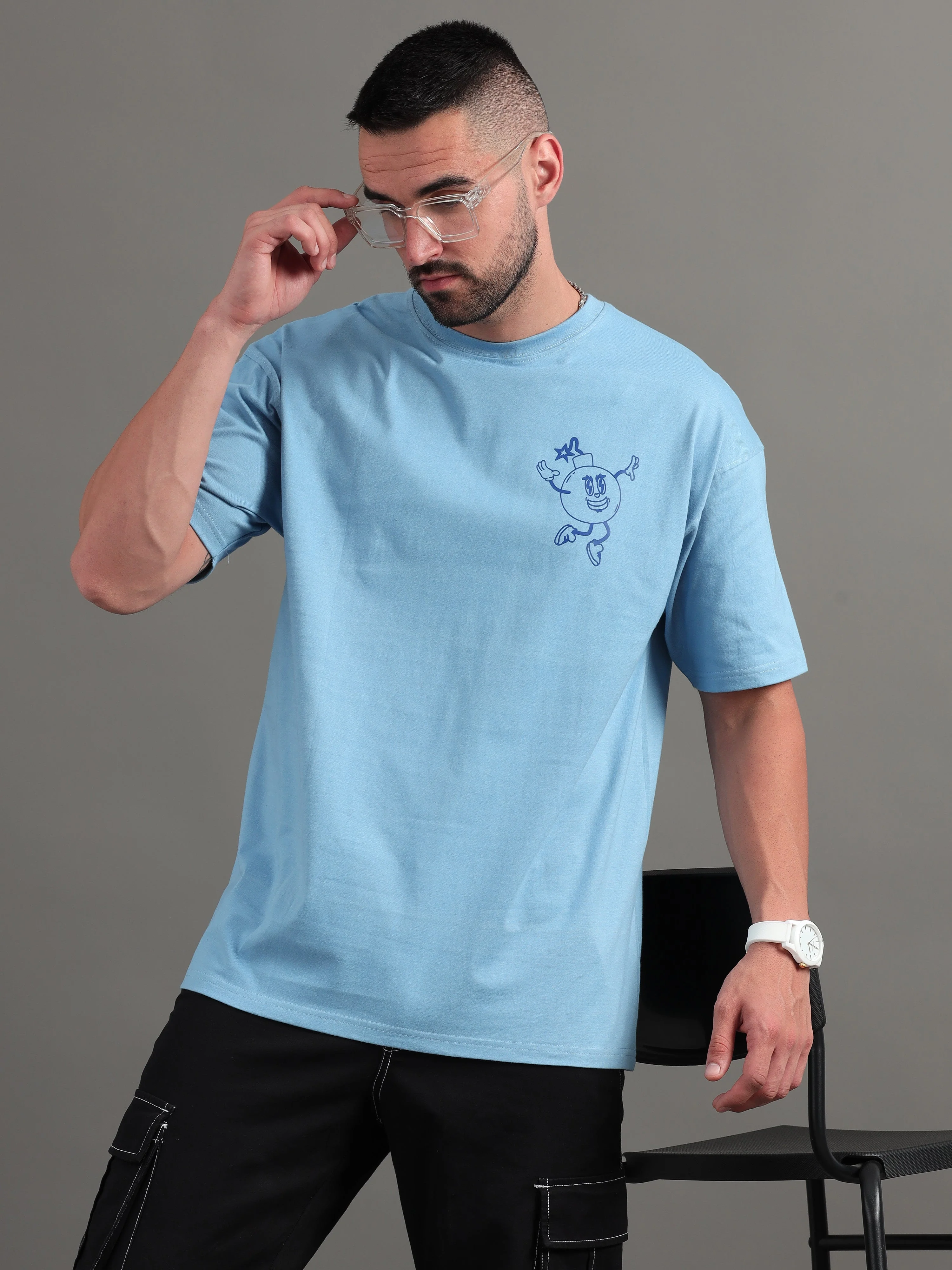 Men Drop the Bomb Blue Oversized T-Shirt - Image 3