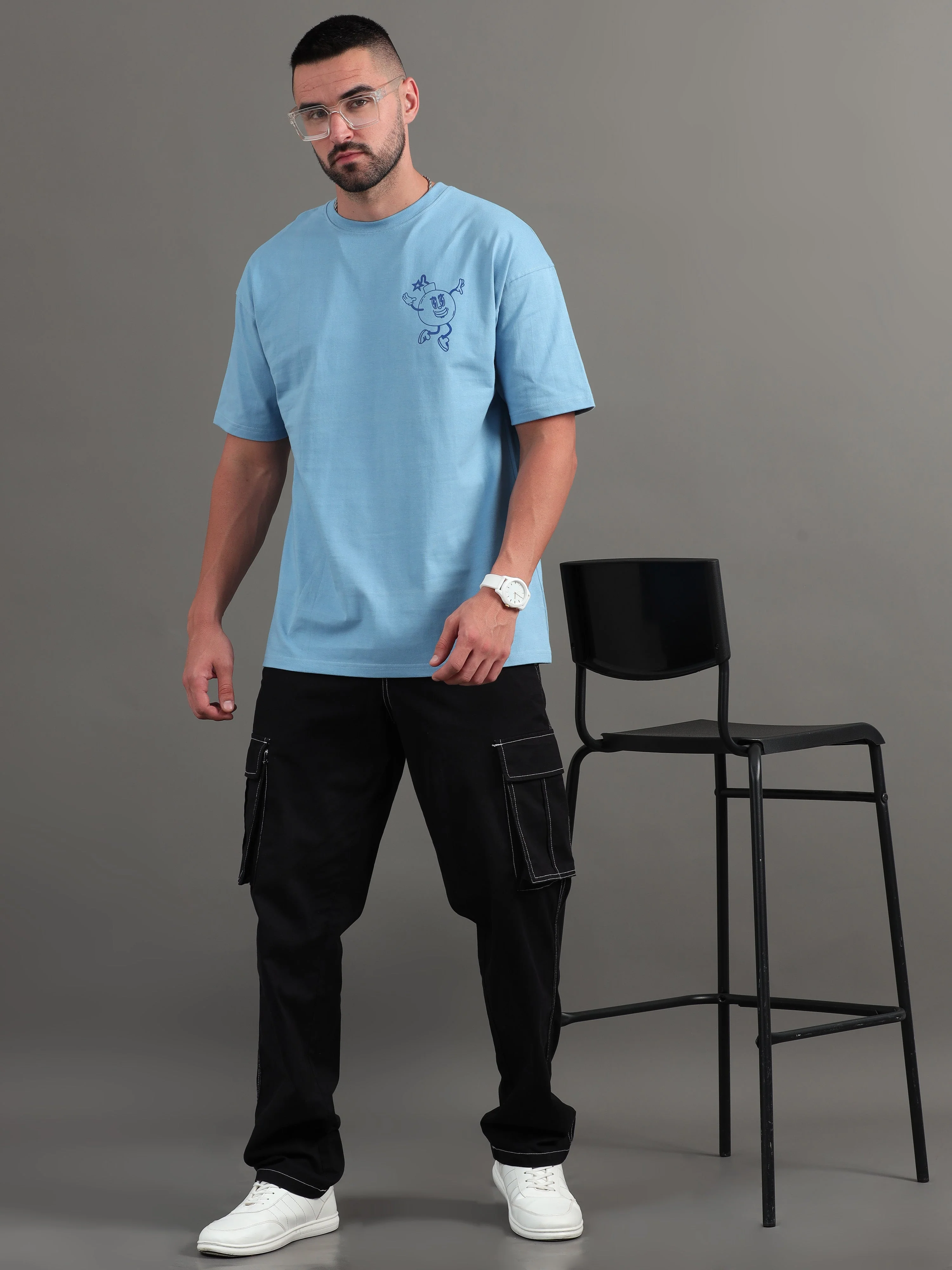 Men Drop the Bomb Blue Oversized T-Shirt - Image 5