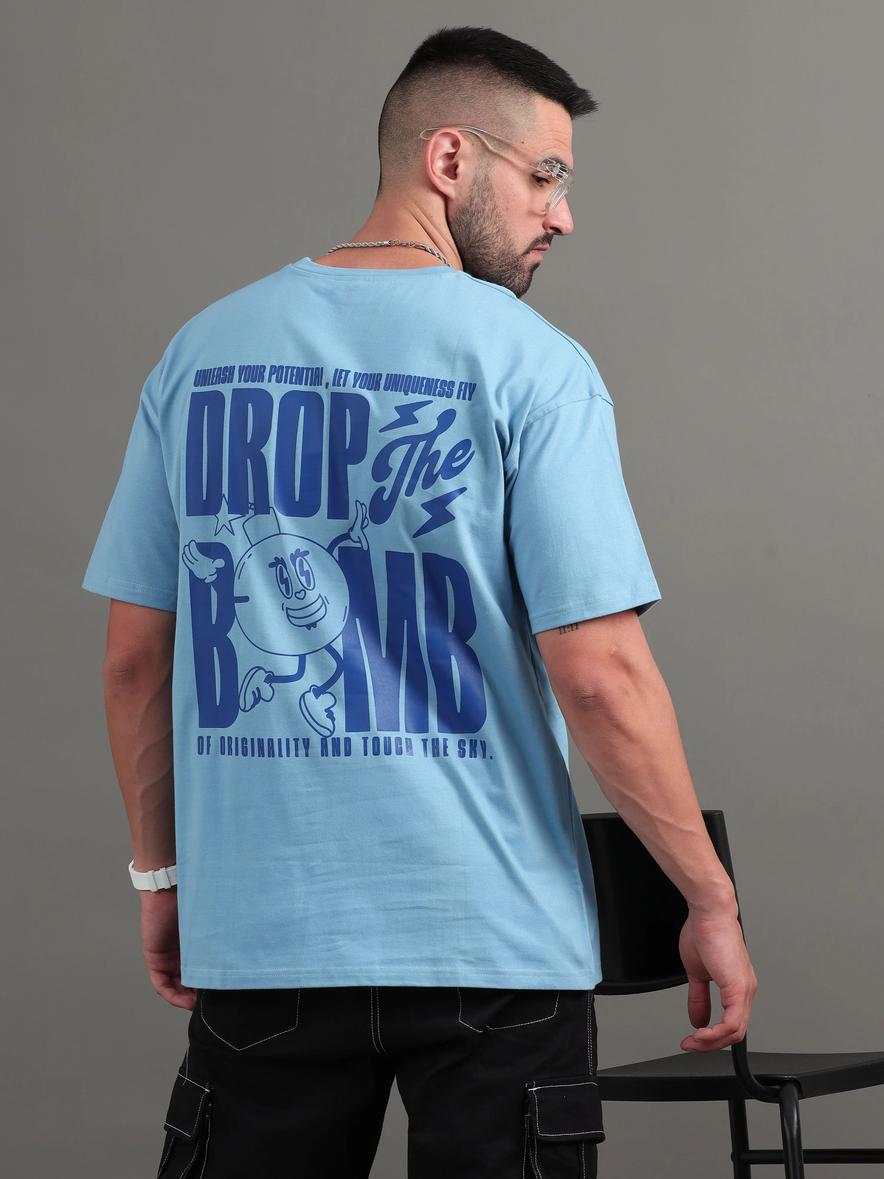 Men Drop the Bomb Blue Oversized T-Shirt - Image 6