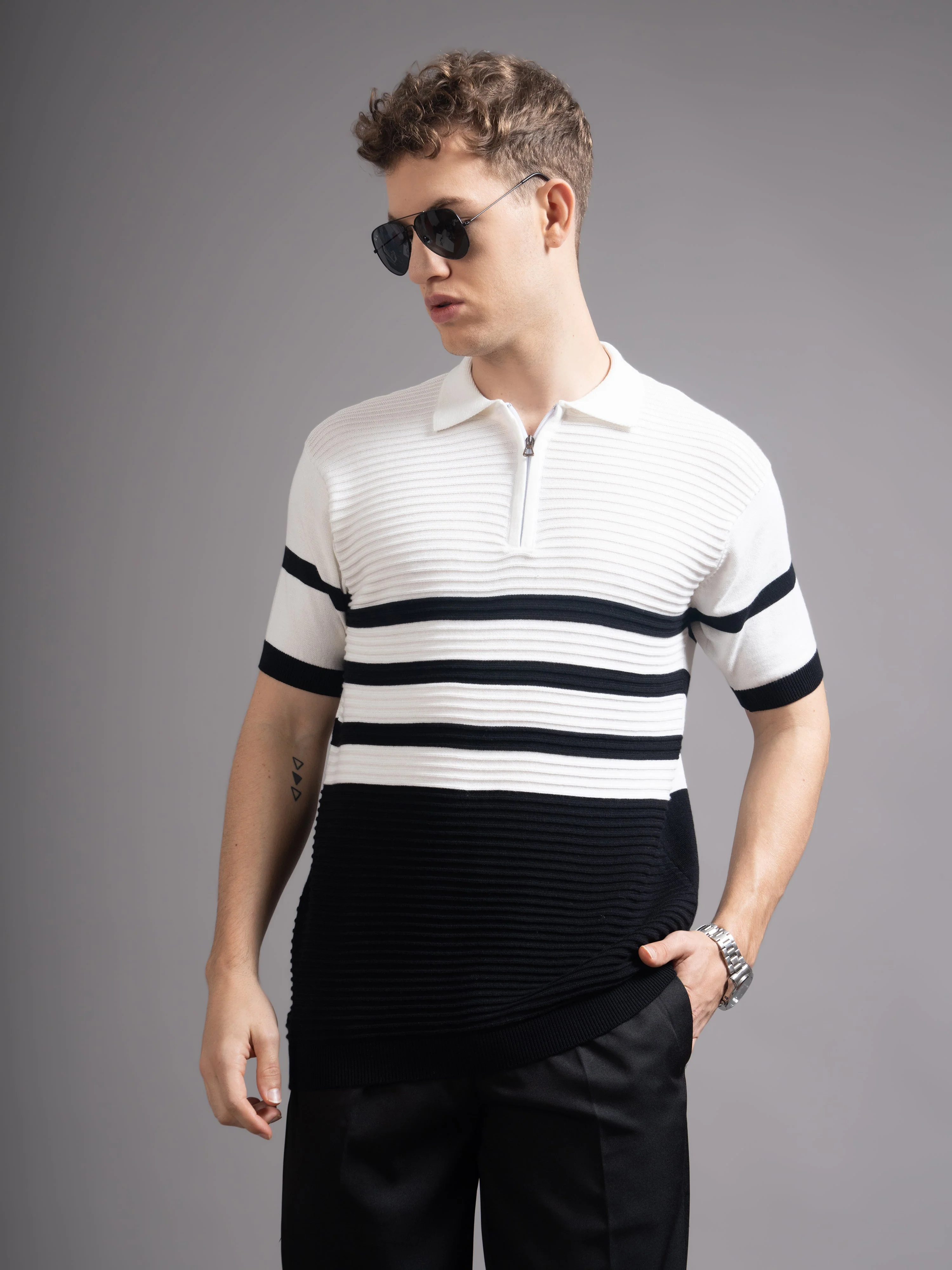 Men Duvont Black Knit Polo T-Shirt - Image 2