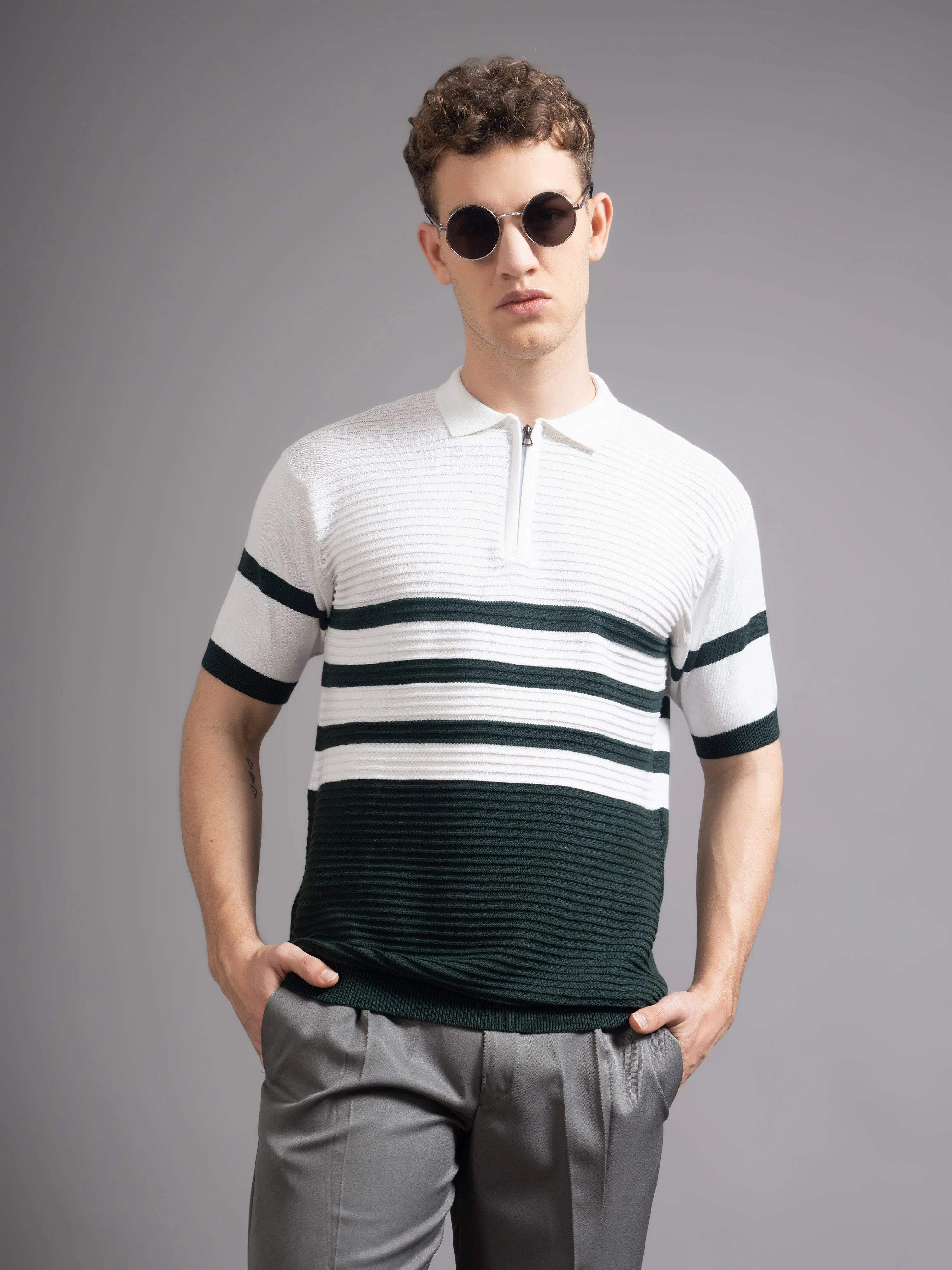 Men Duvont Olive Knit Polo T-Shirt - Image 2