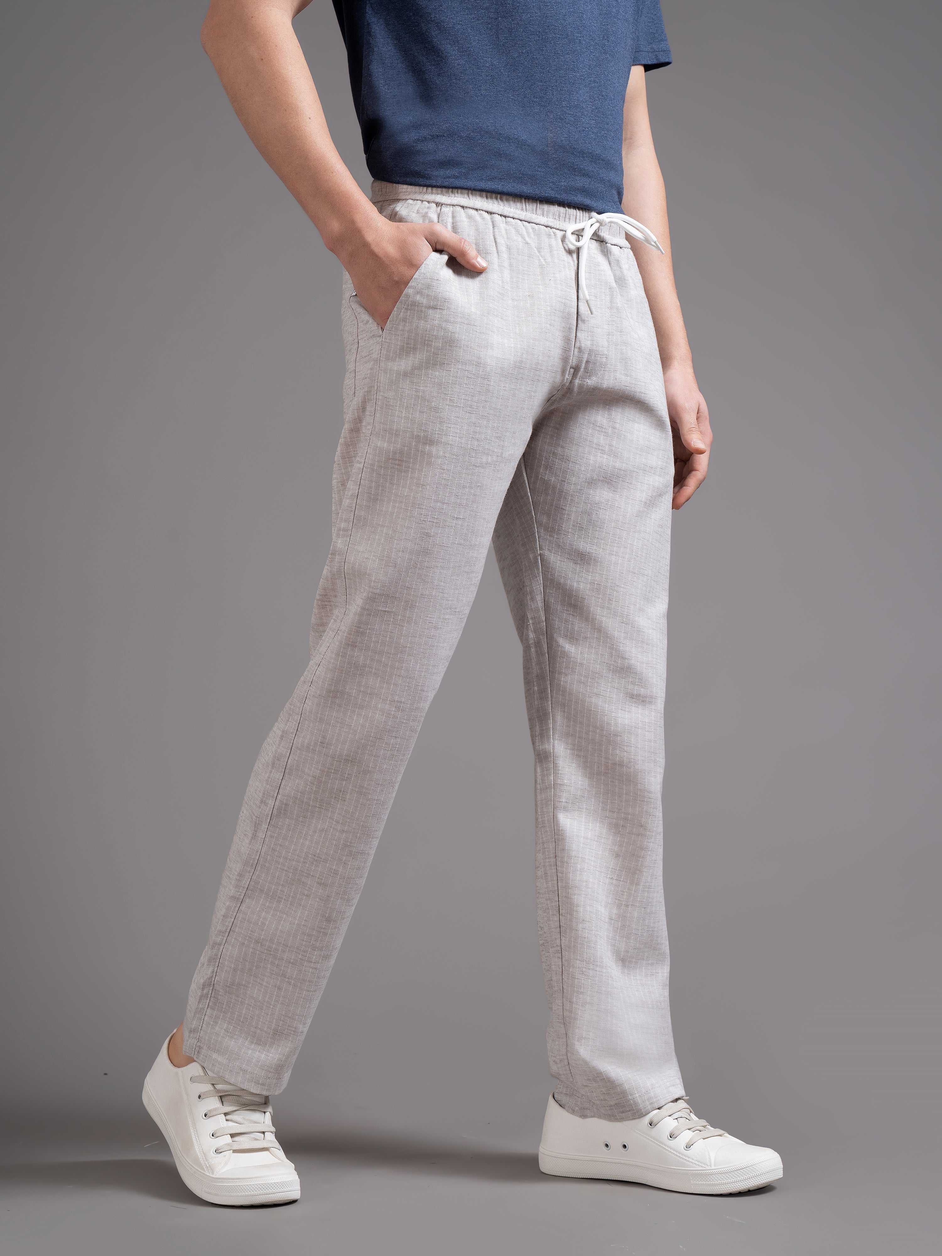 Men Eden Beige Striped Linen Pant - Image 6
