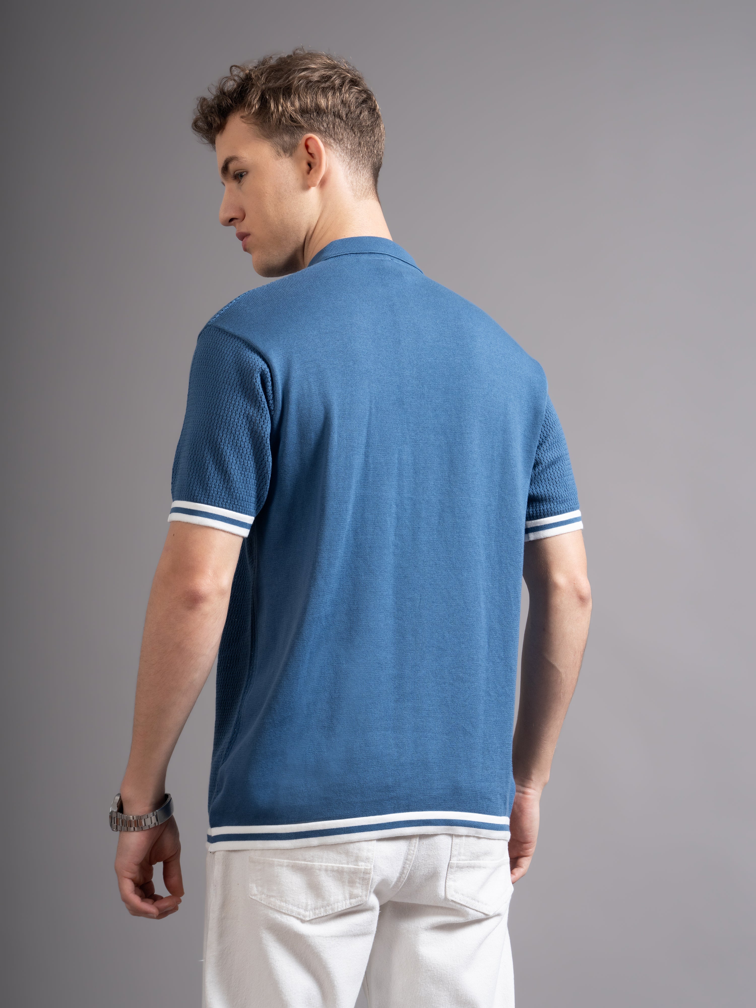 Men Eldor Blue Knit Polo T-Shirt - Image 2