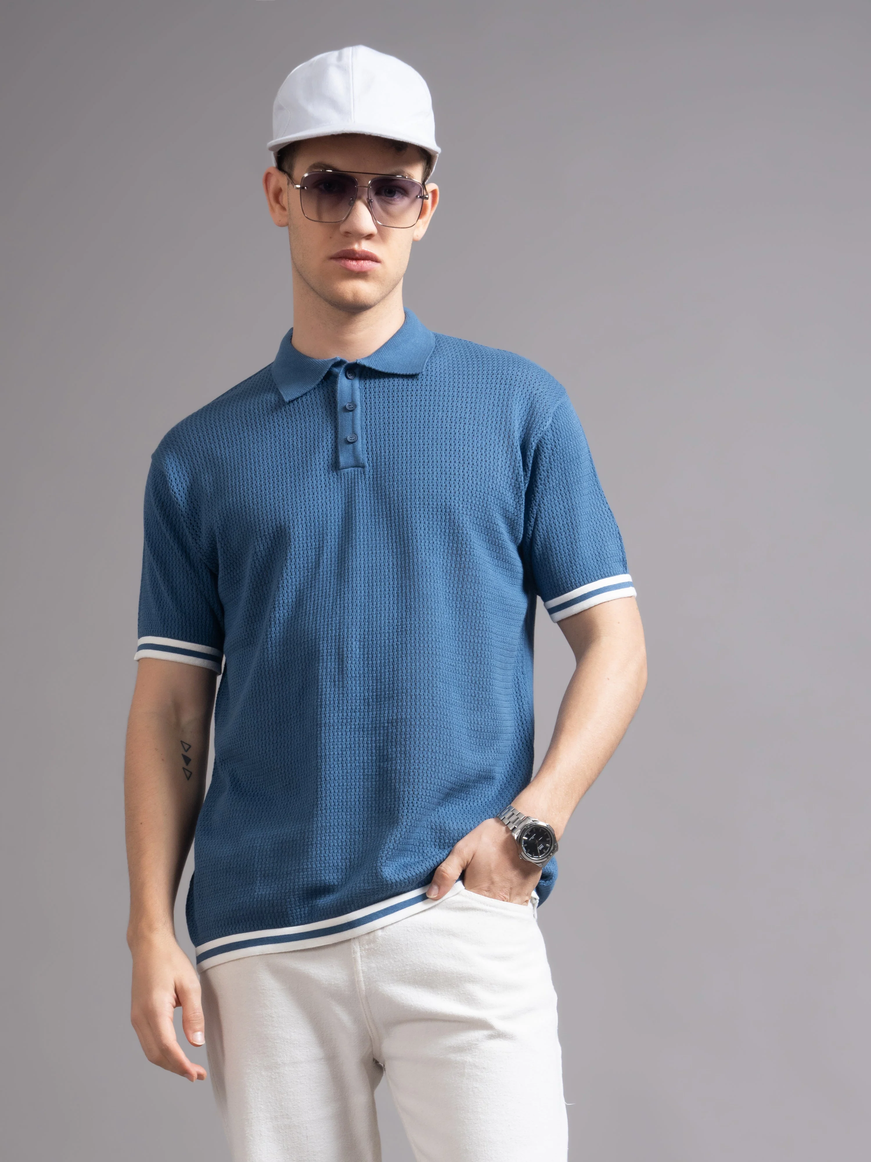 Men Eldor Blue Knit Polo T-Shirt - Image 3