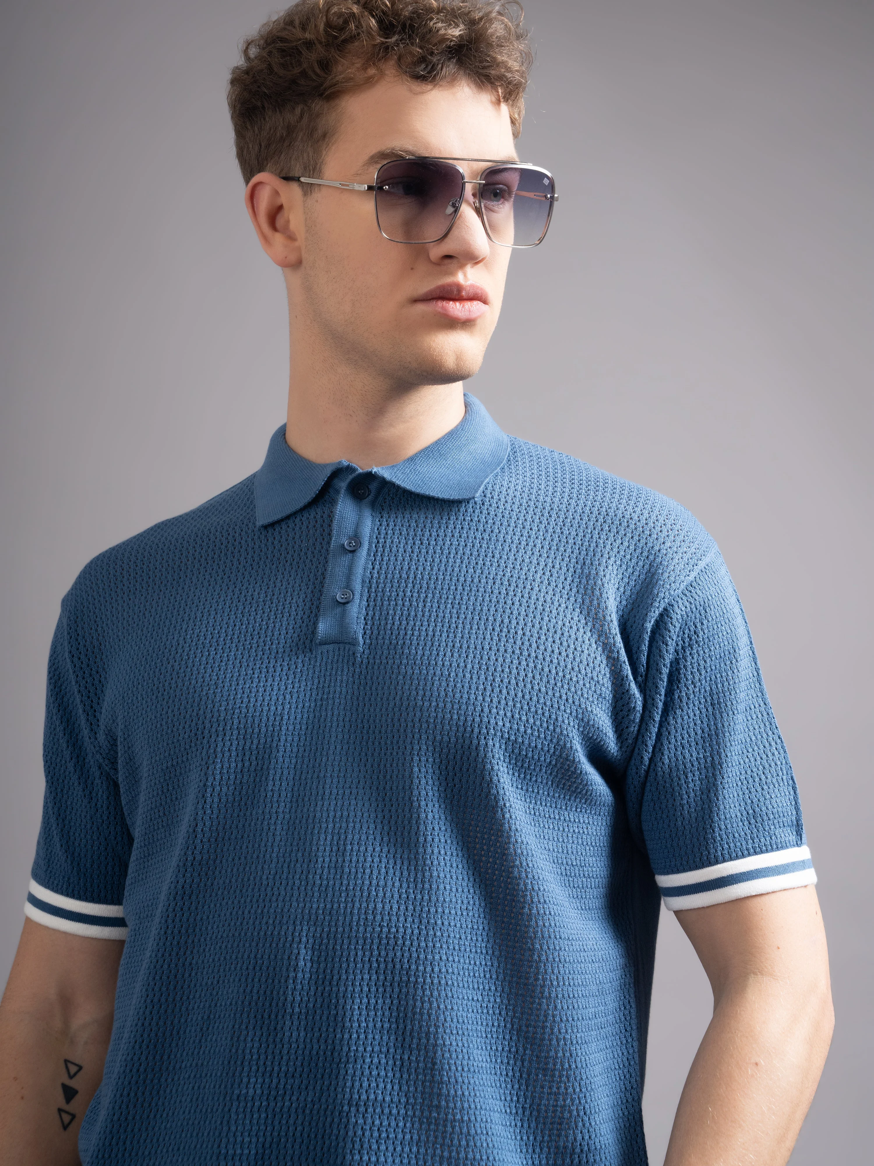 Men Eldor Blue Knit Polo T-Shirt - Image 4