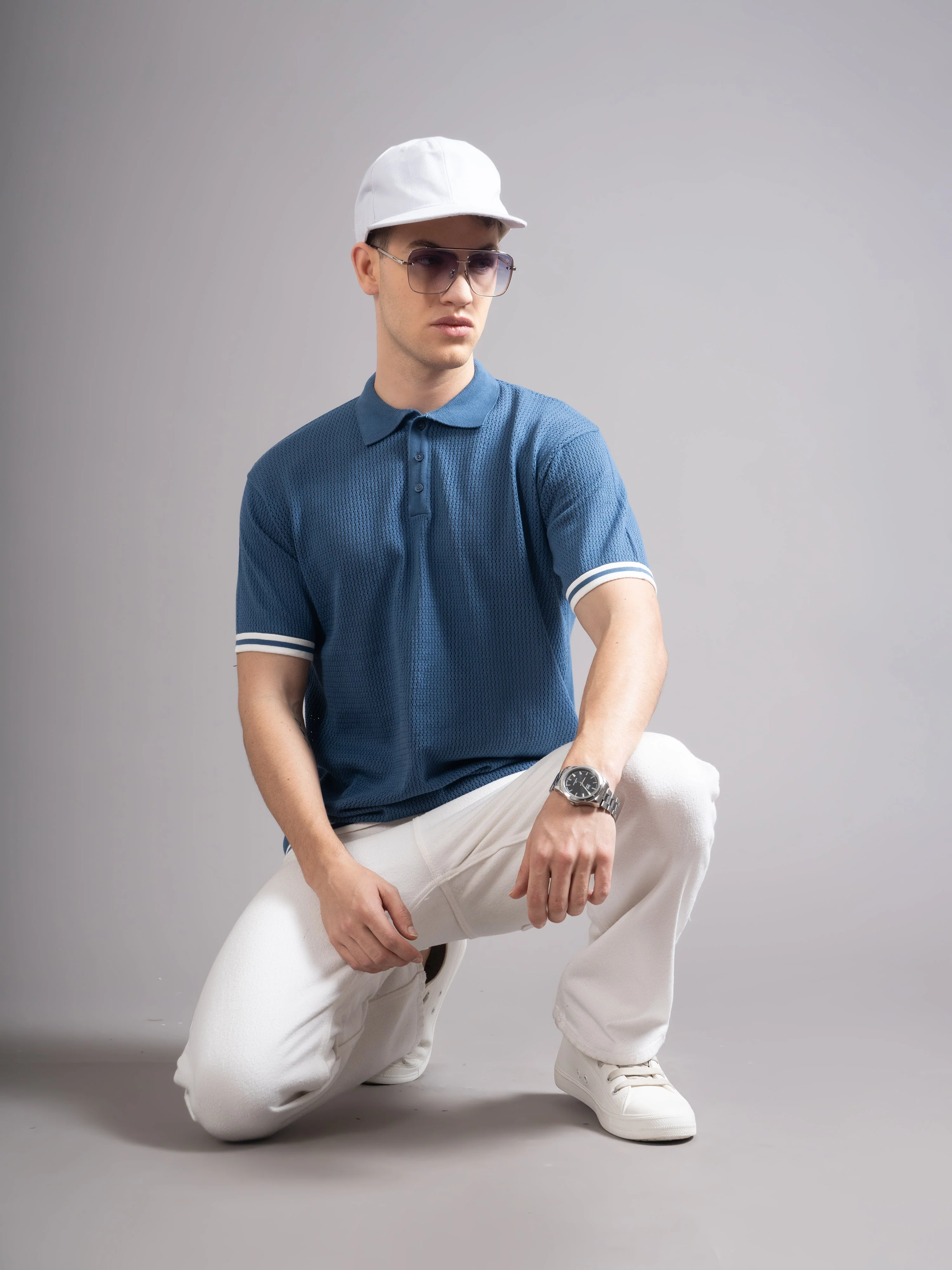 Men Eldor Blue Knit Polo T-Shirt - Image 5