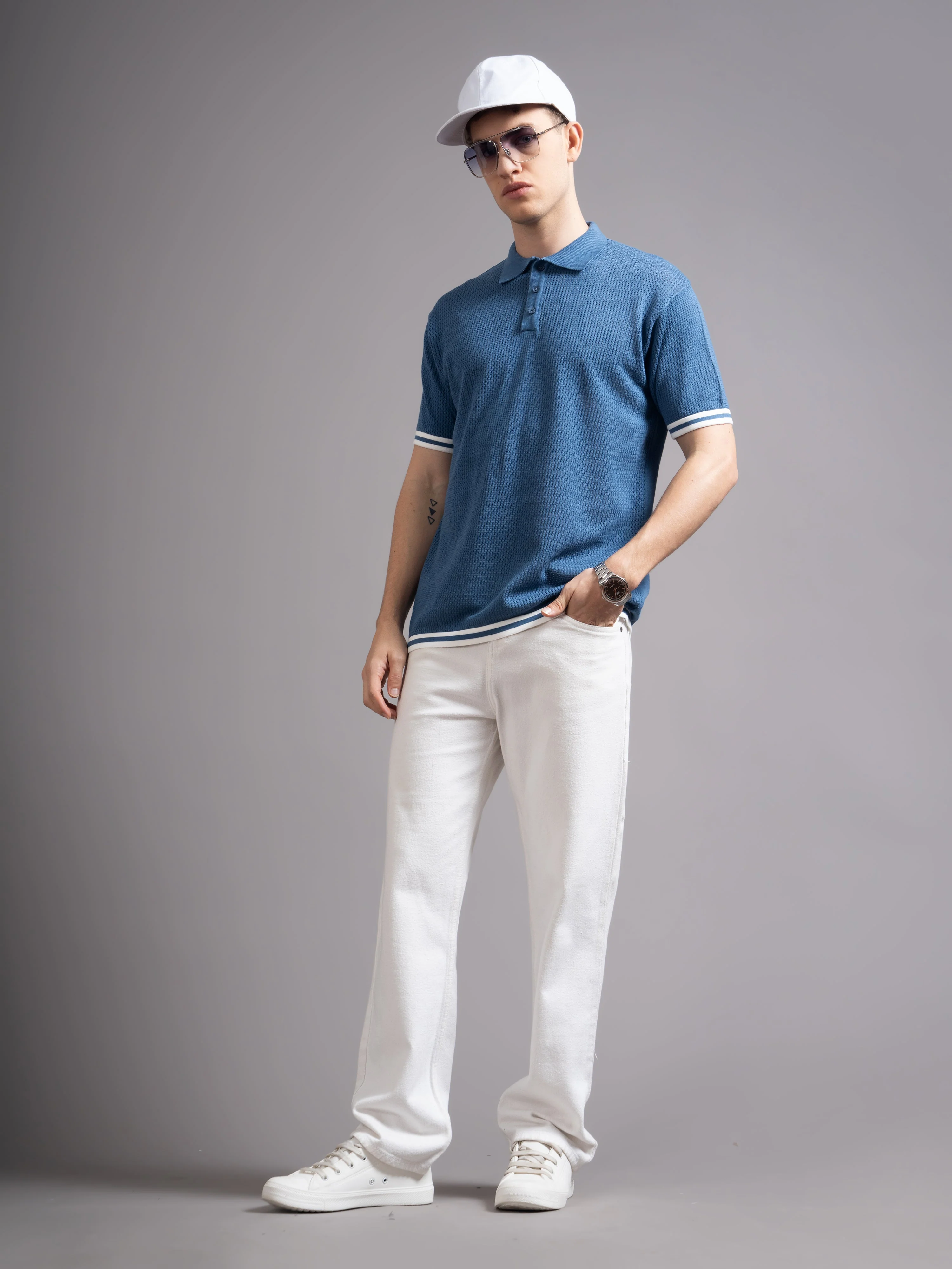 Men Eldor Blue Knit Polo T-Shirt - Image 6