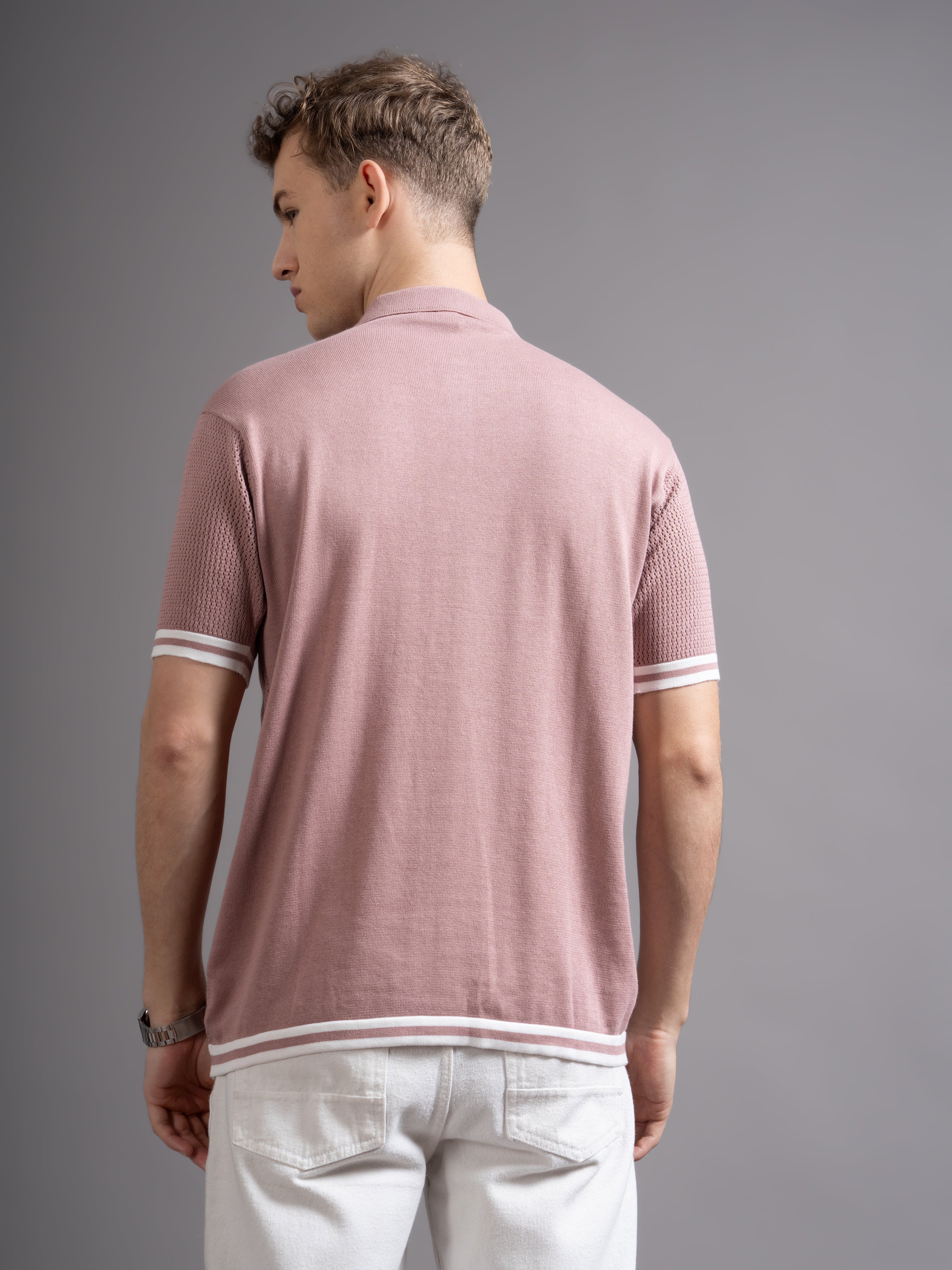 Men Eldor Pink Knit Polo T-Shirt - Image 2