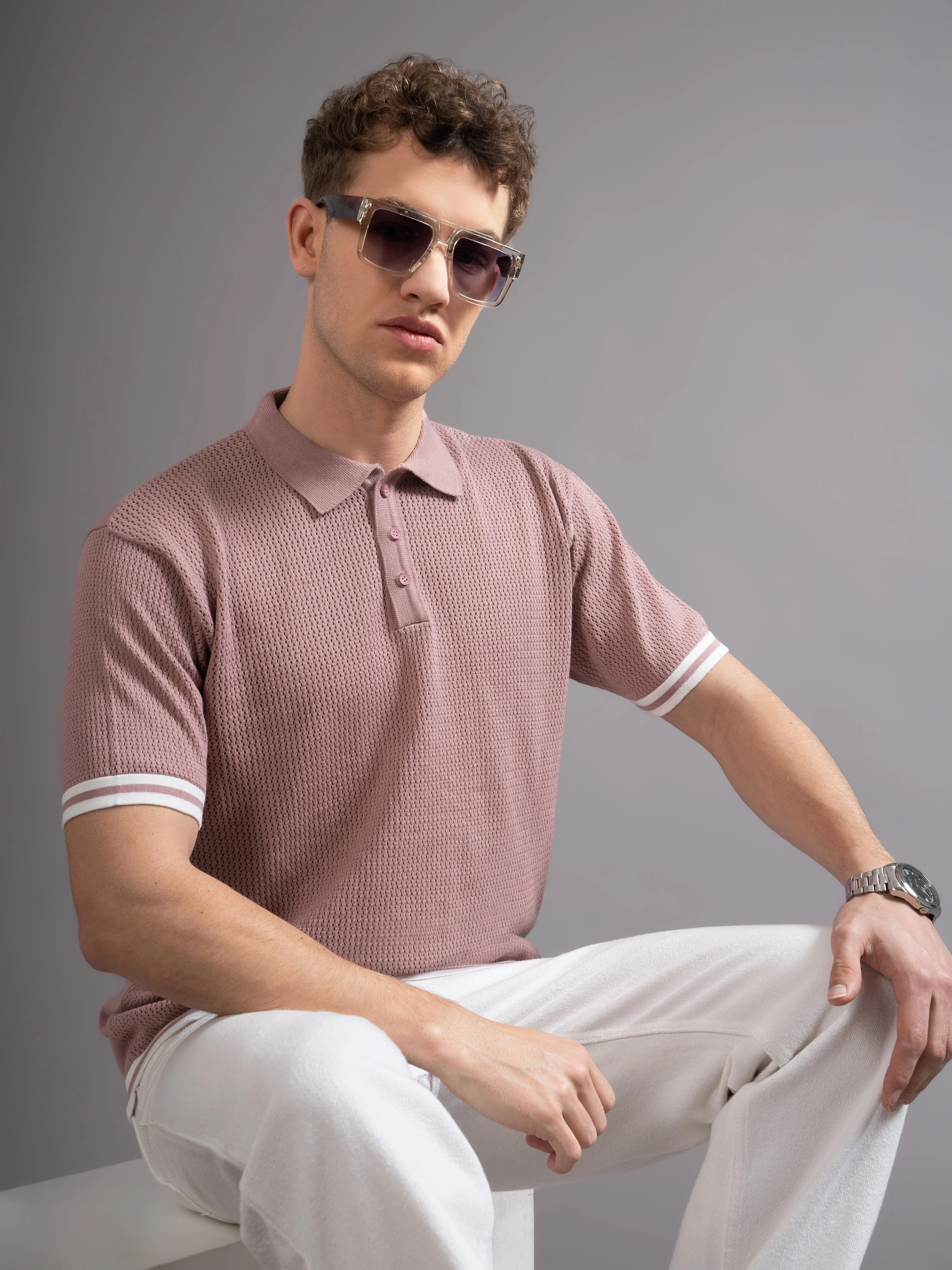Men Eldor Pink Knit Polo T-Shirt - Image 3