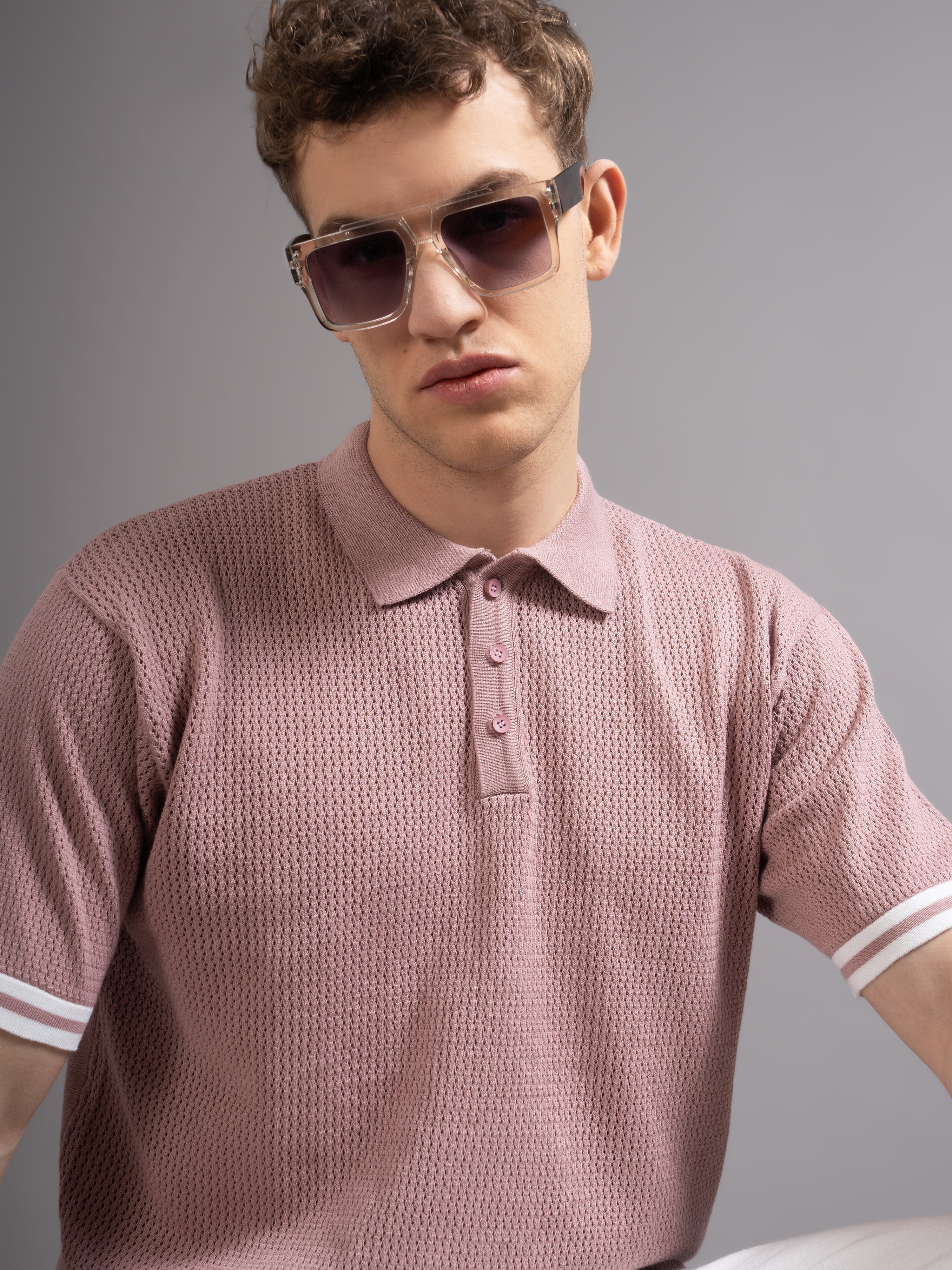 Men Eldor Pink Knit Polo T-Shirt - Image 4