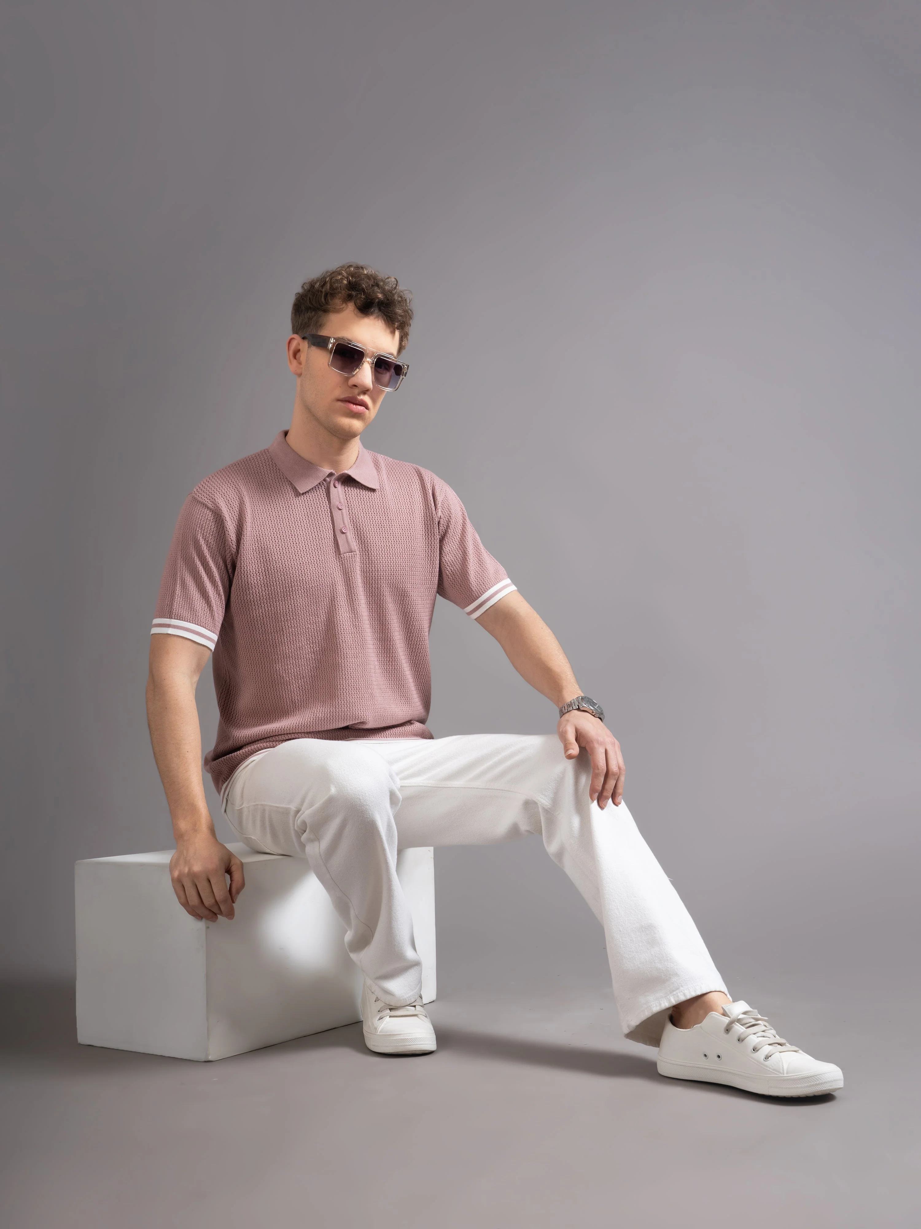 Men Eldor Pink Knit Polo T-Shirt - Image 5