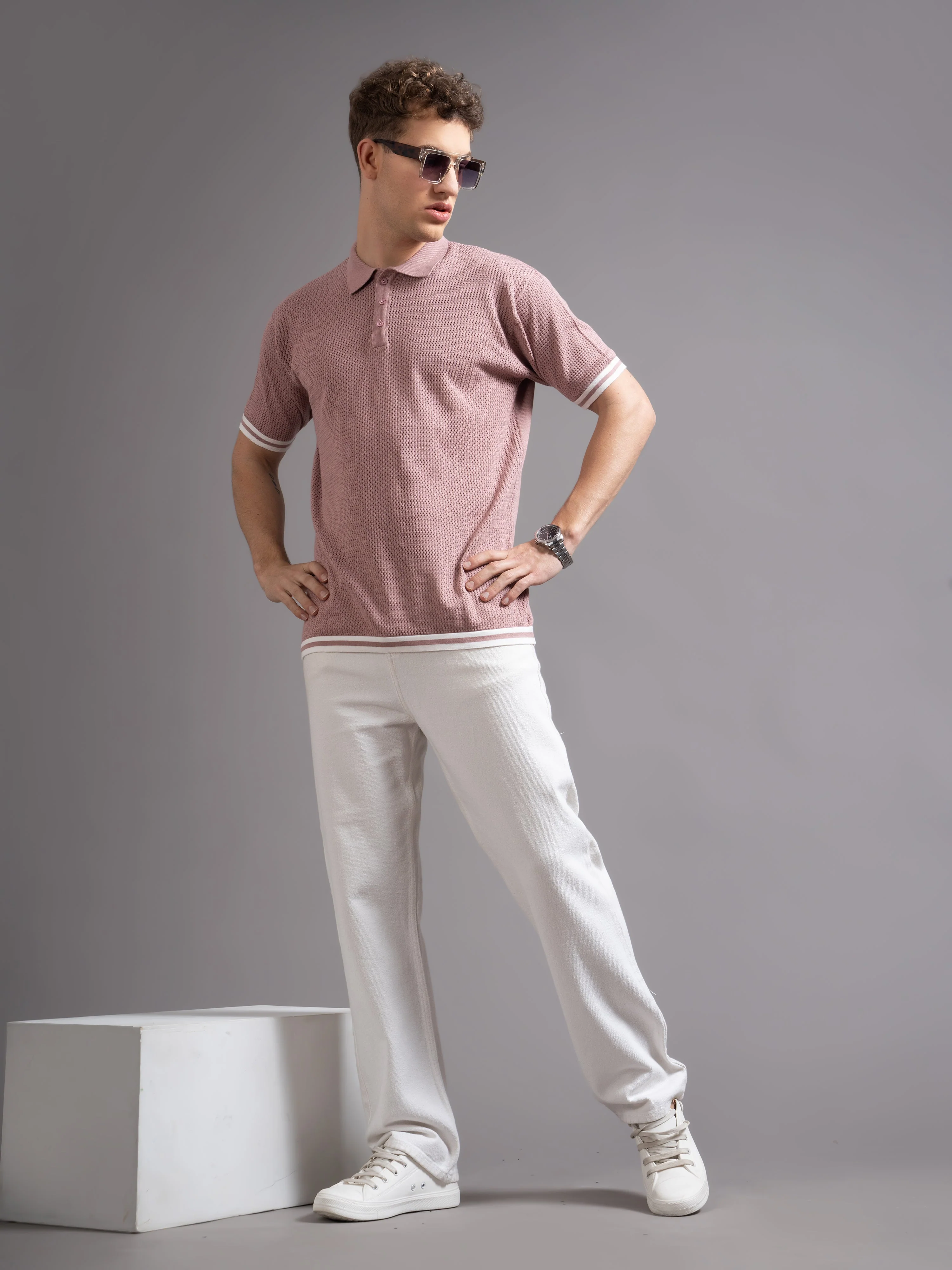 Men Eldor Pink Knit Polo T-Shirt - Image 6