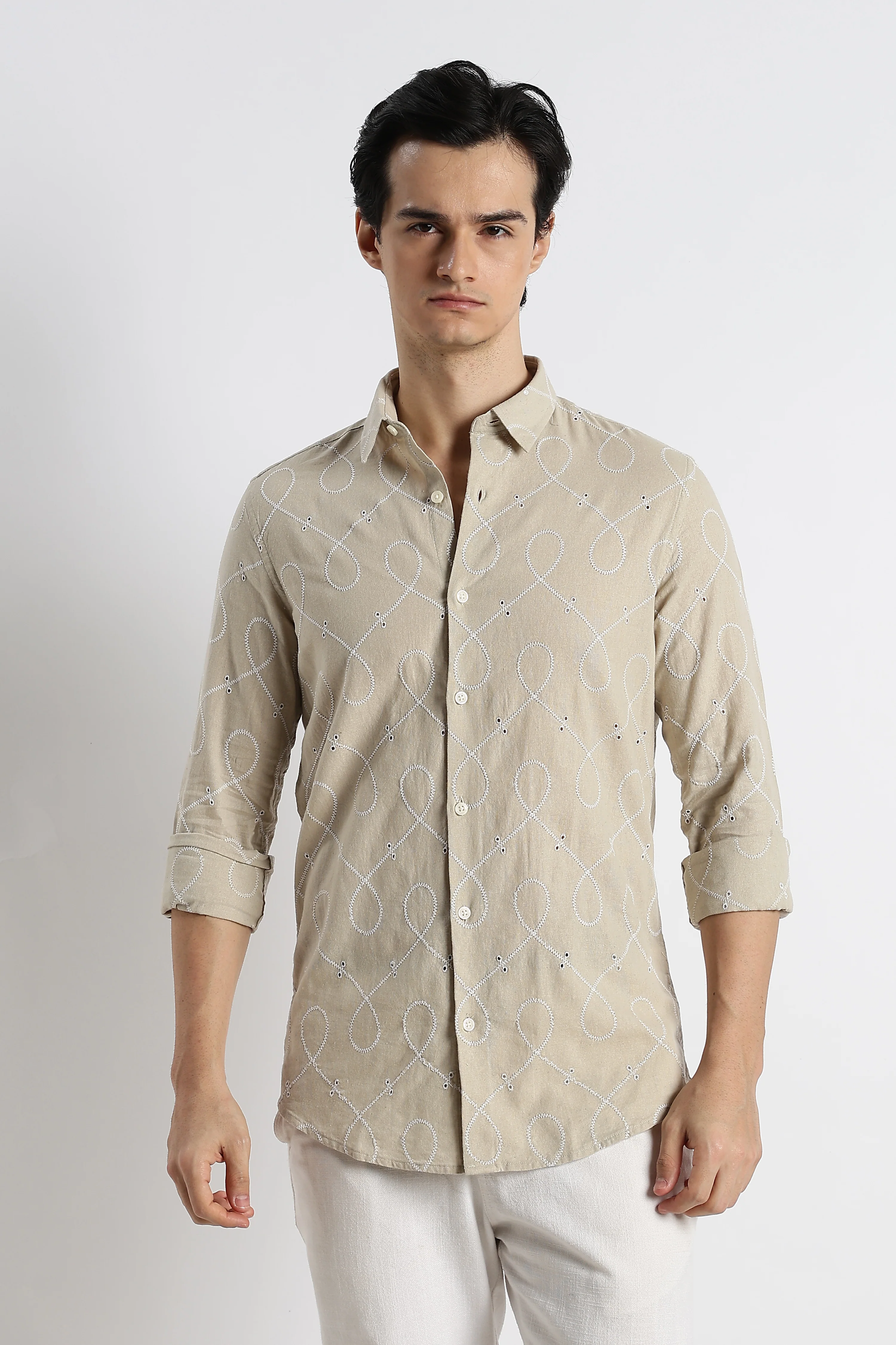 Men Embroidered Cotton-Linen Shirt - Image 8