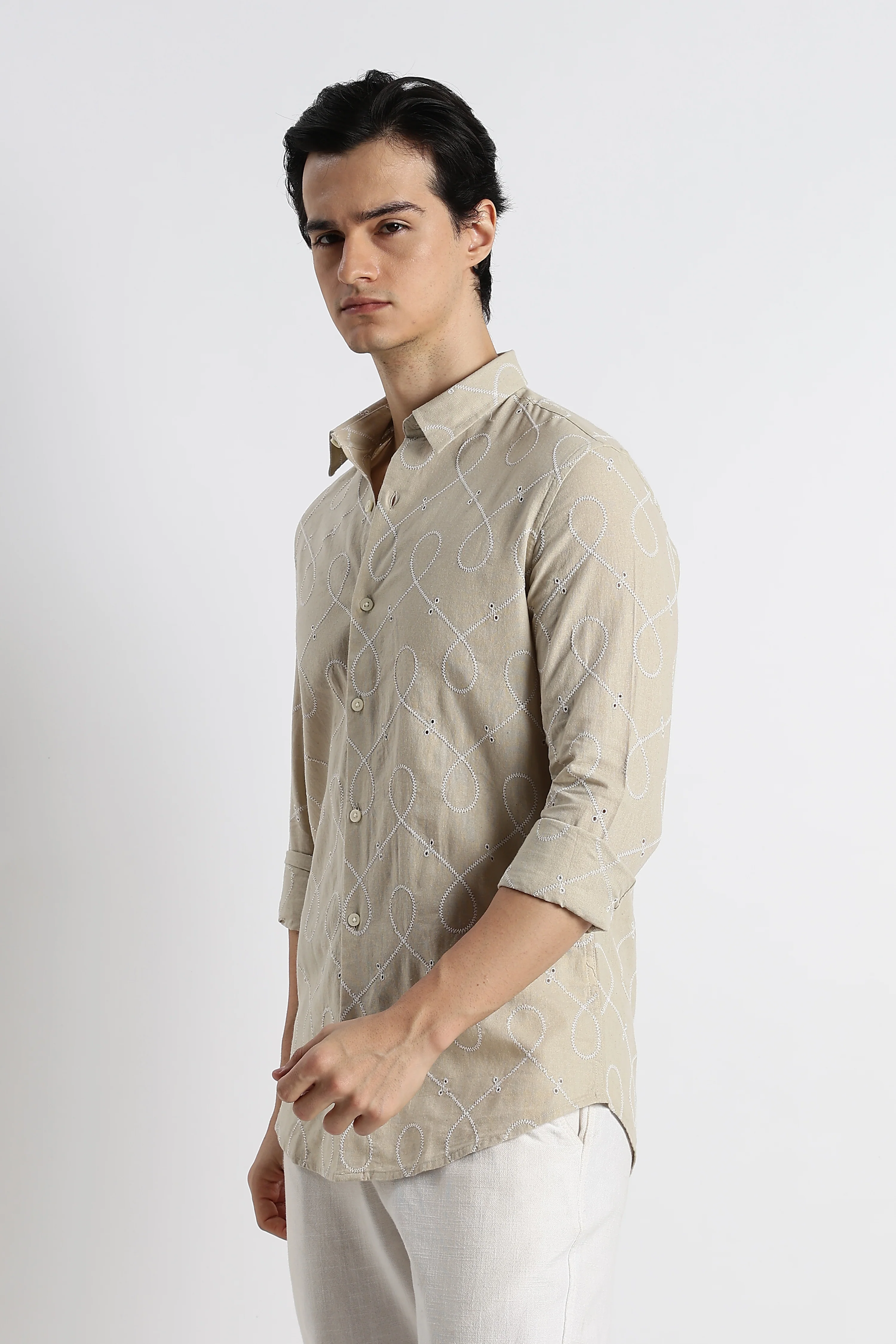 Men Embroidered Cotton-Linen Shirt - Image 9