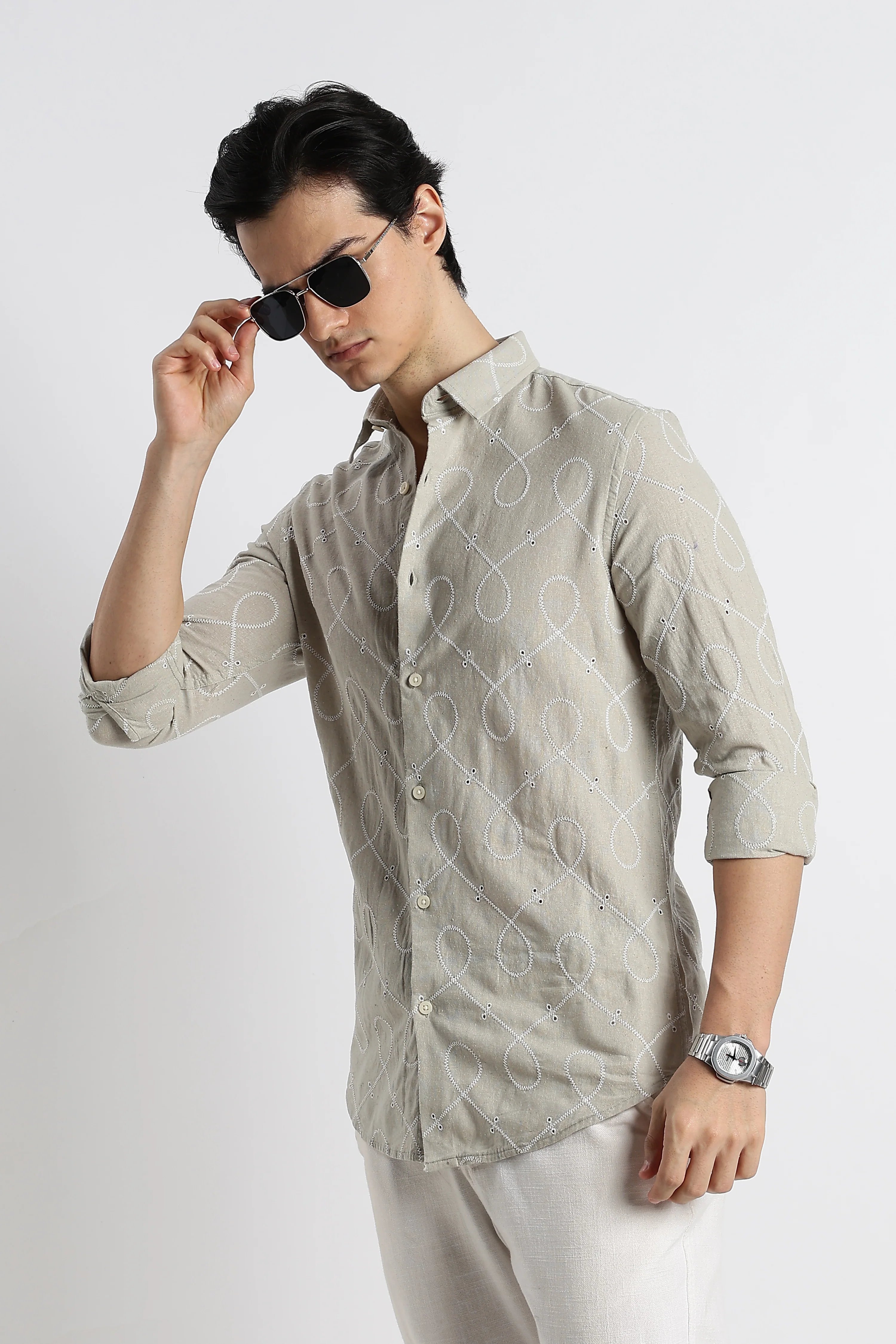 Men Embroidered Cotton-Linen Shirt - Image 2