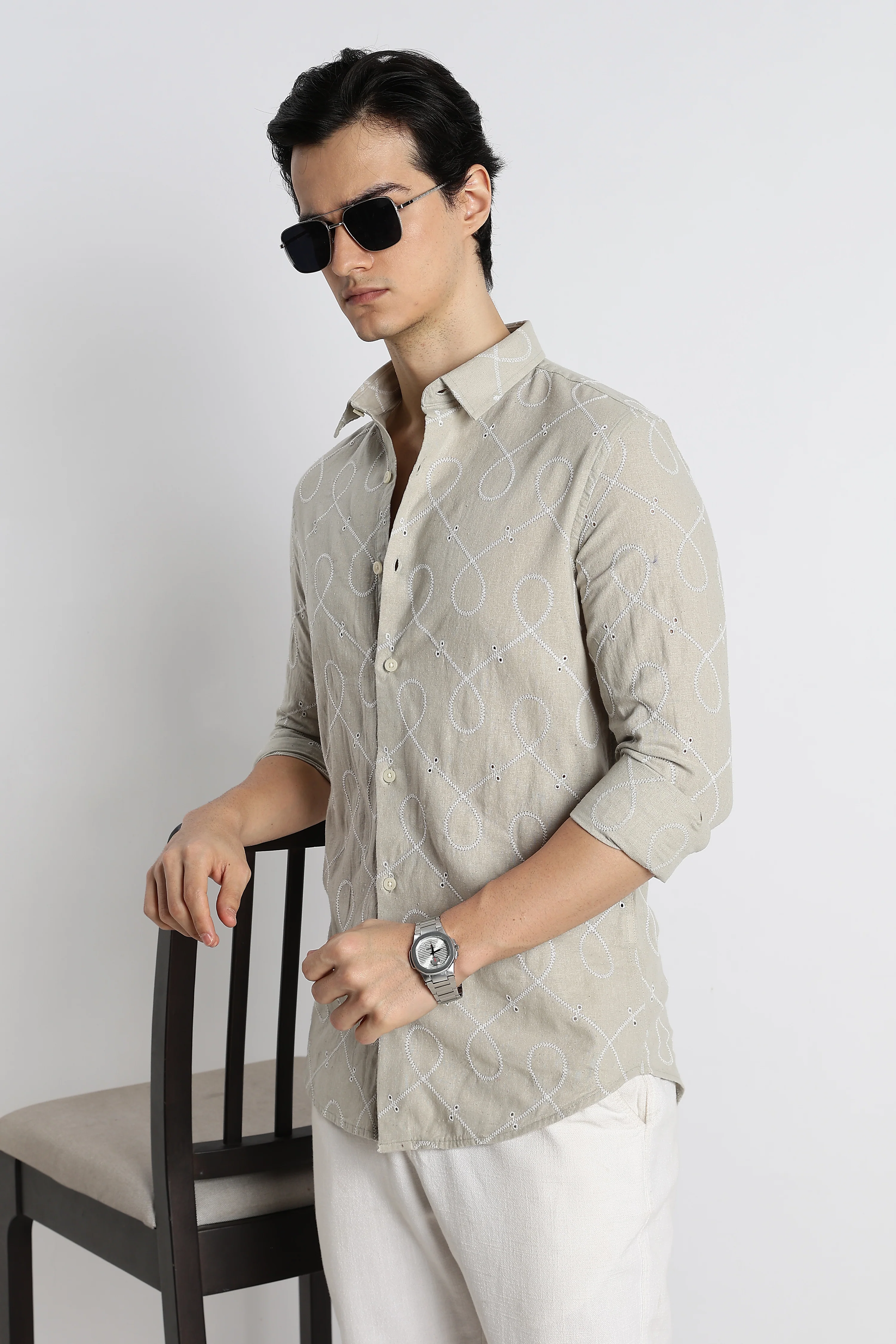 Men Embroidered Cotton-Linen Shirt - Image 3