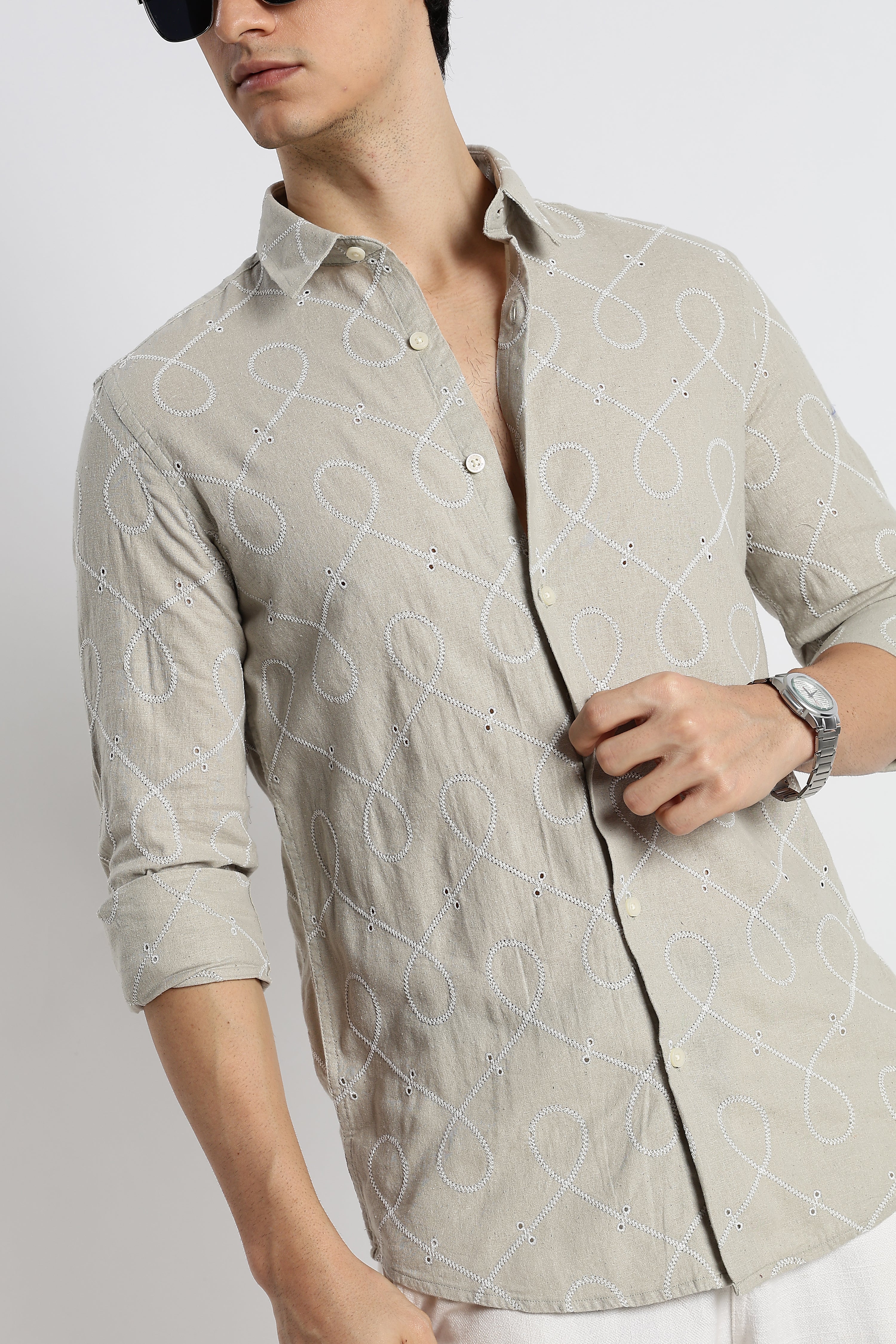 Men Embroidered Cotton-Linen Shirt - Image 9