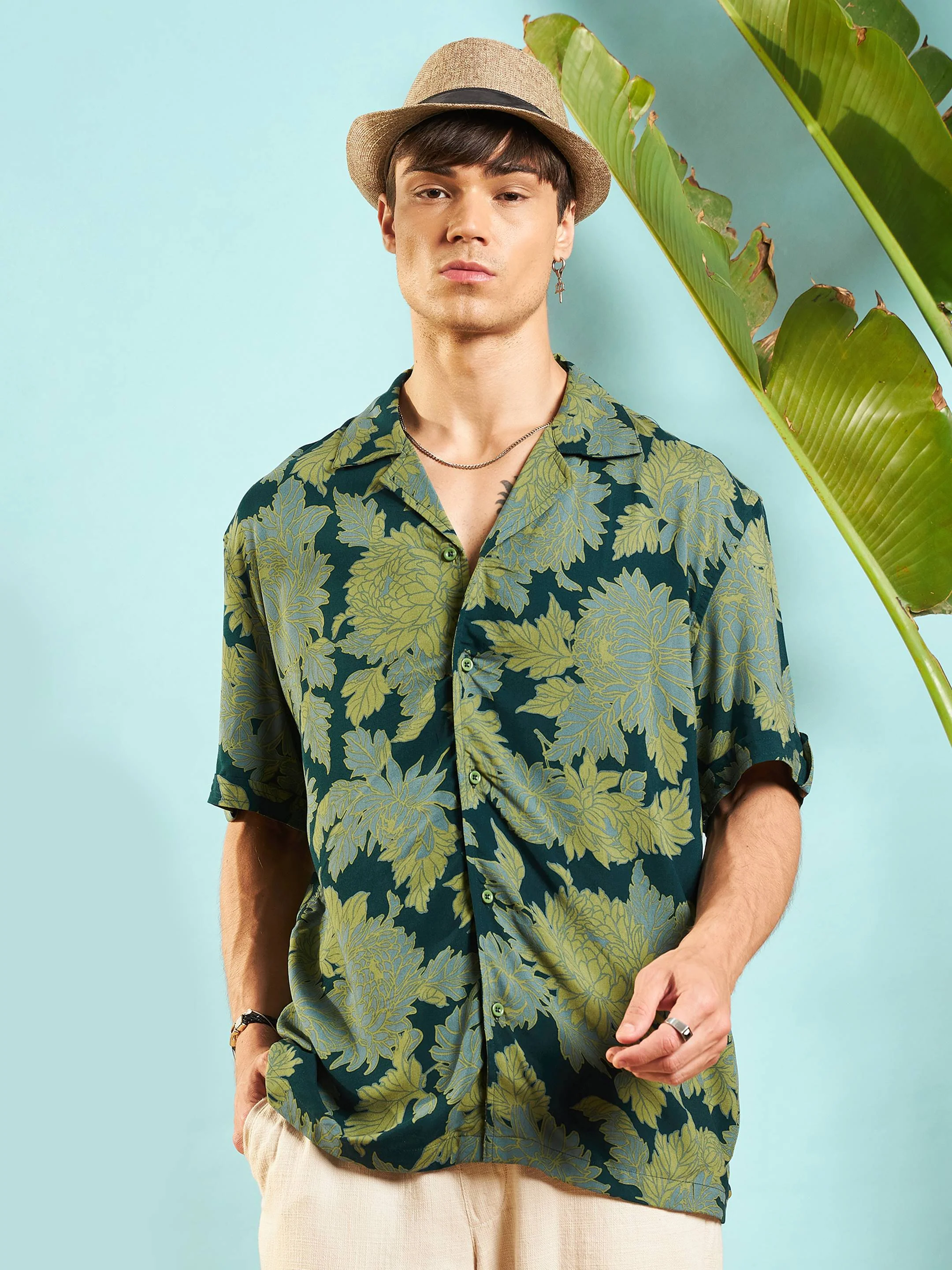 Men Emerald Green Floral Box Pleat Relax Fit Shirt - Image 2