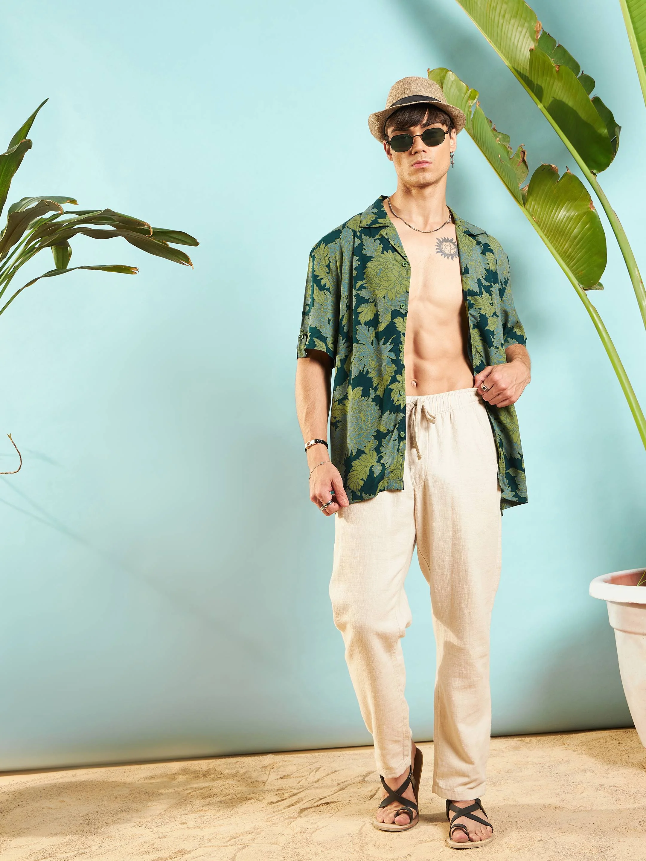 Men Emerald Green Floral Box Pleat Relax Fit Shirt - Image 6