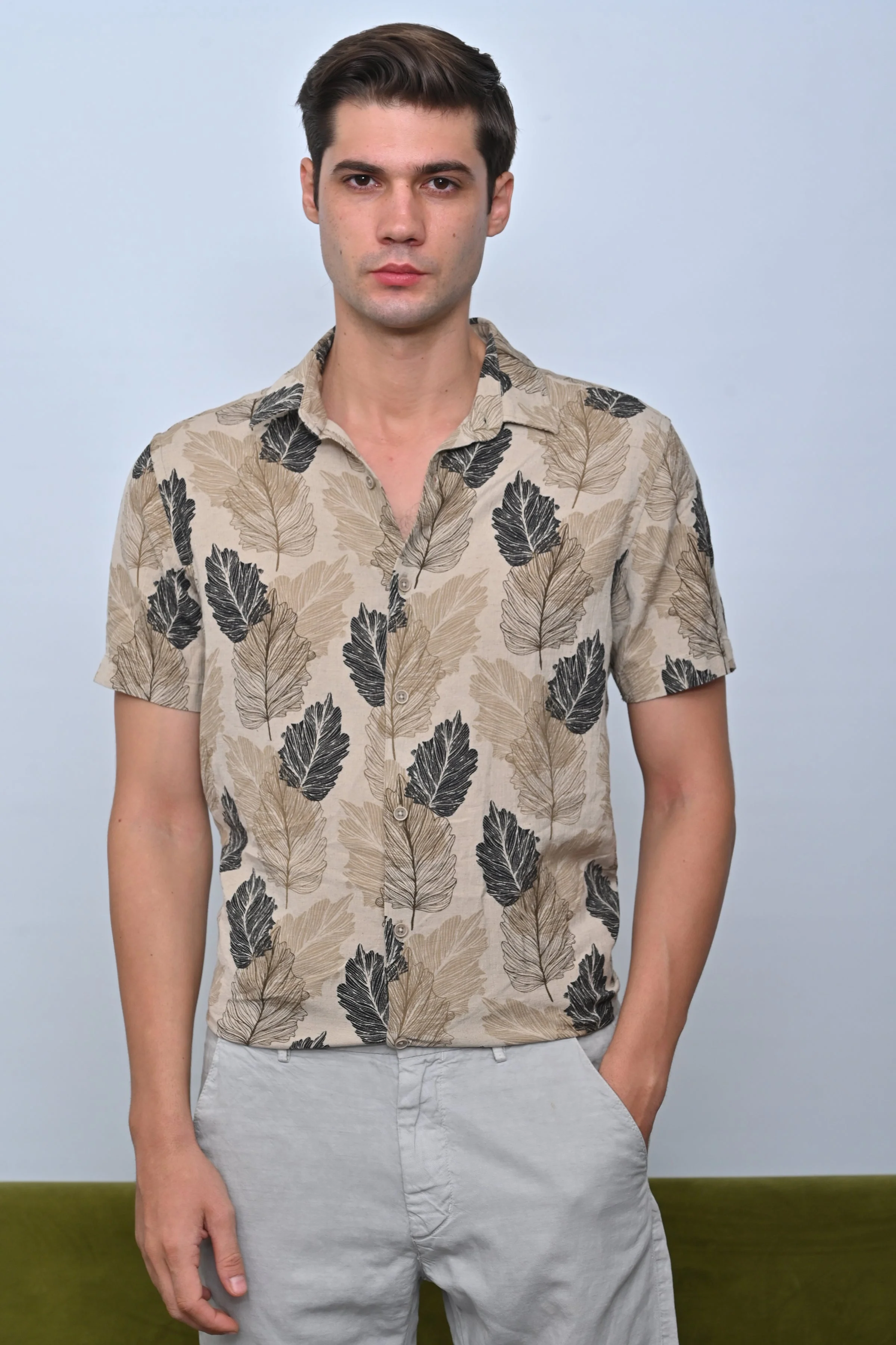 Men Felix Cotton Linen Printed Shirt Beige - Image 2
