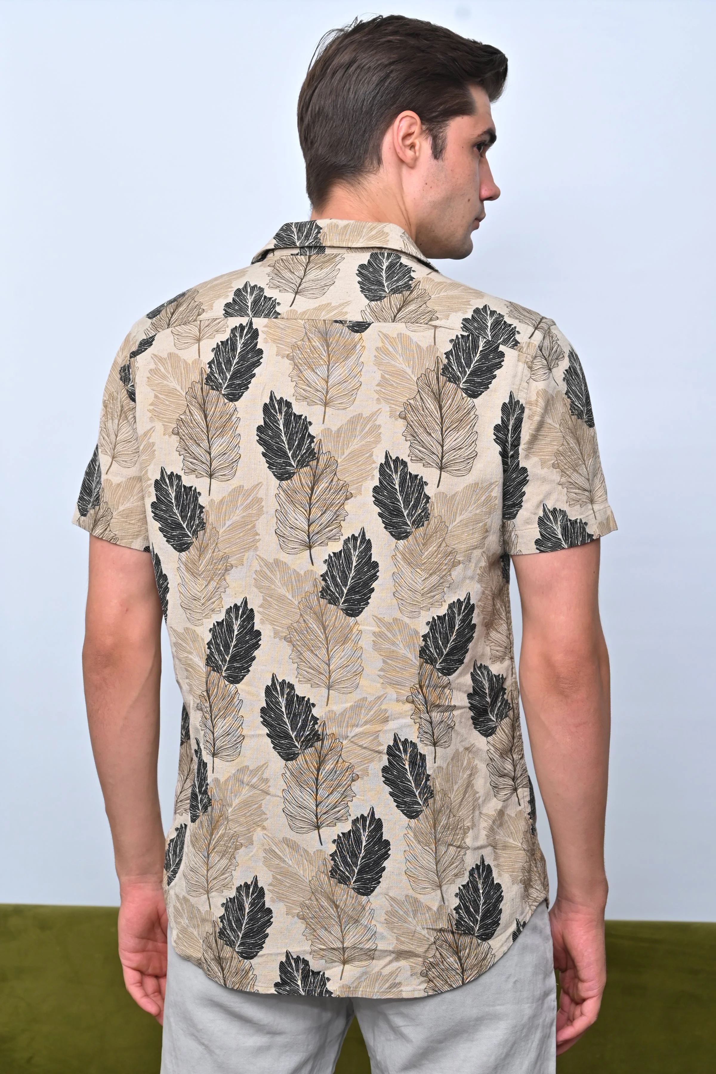Men Felix Cotton Linen Printed Shirt Beige - Image 3