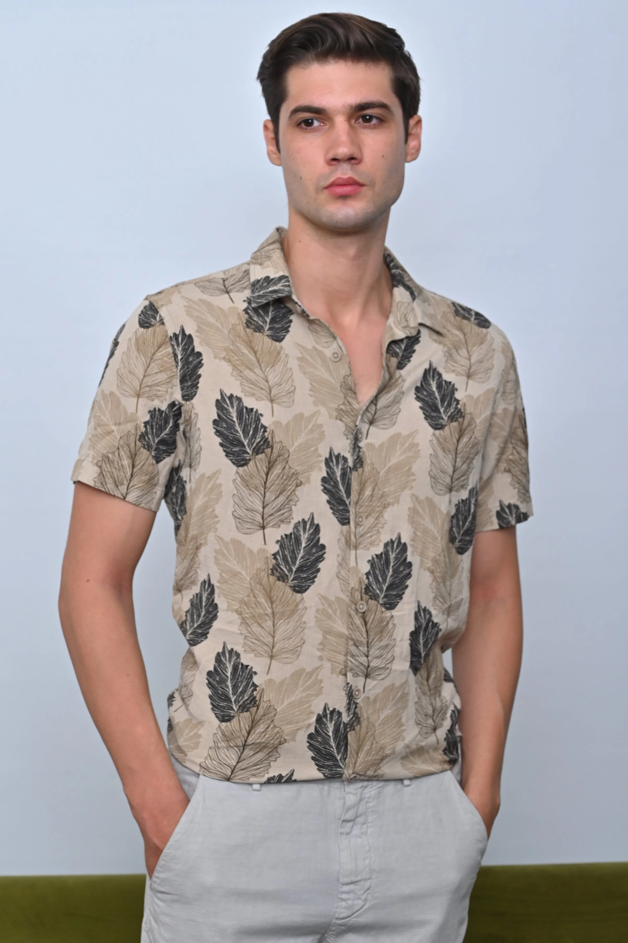 Men Felix Cotton Linen Printed Shirt Beige - Image 4