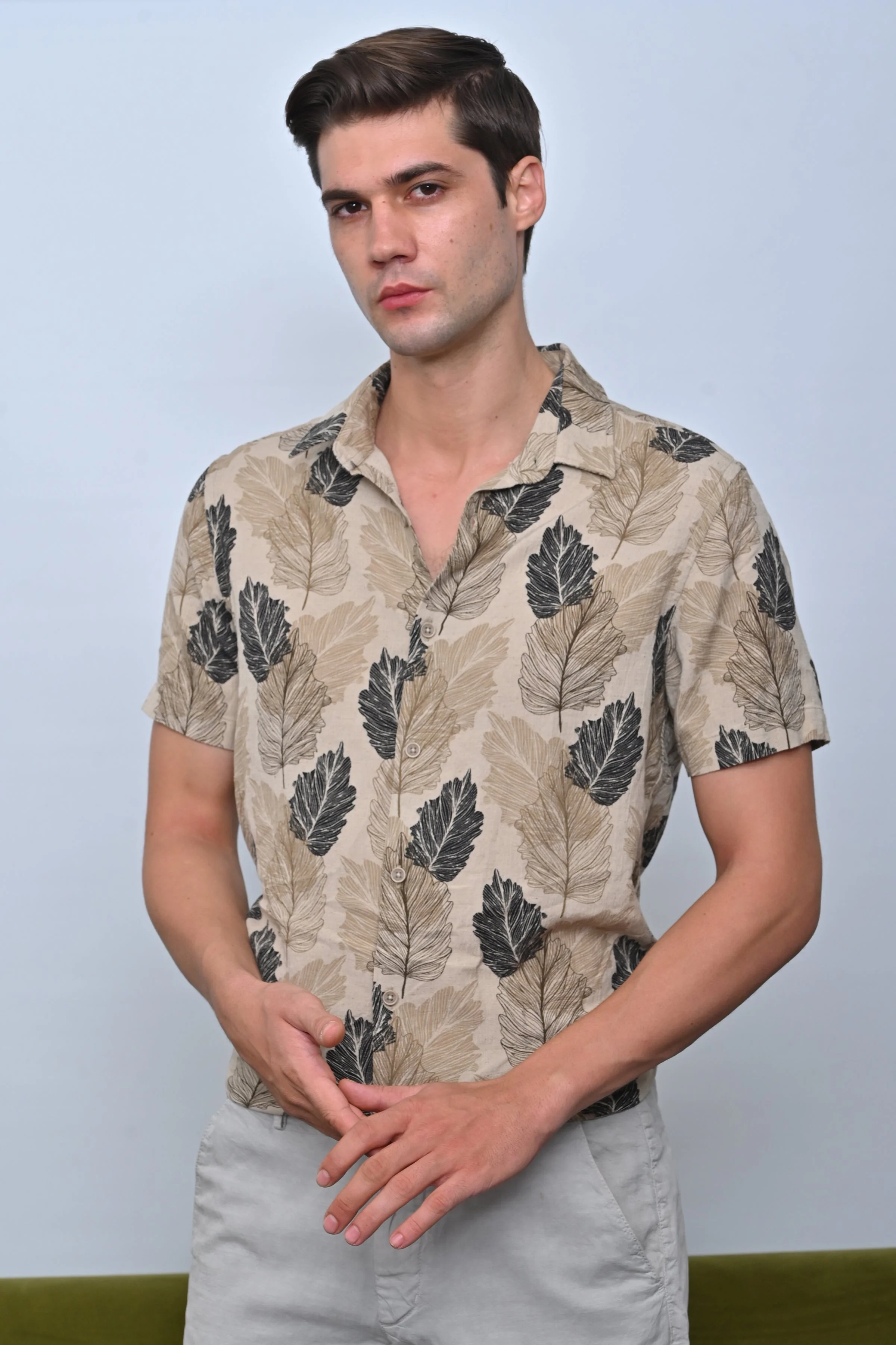 Men Felix Cotton Linen Printed Shirt Beige - Image 5