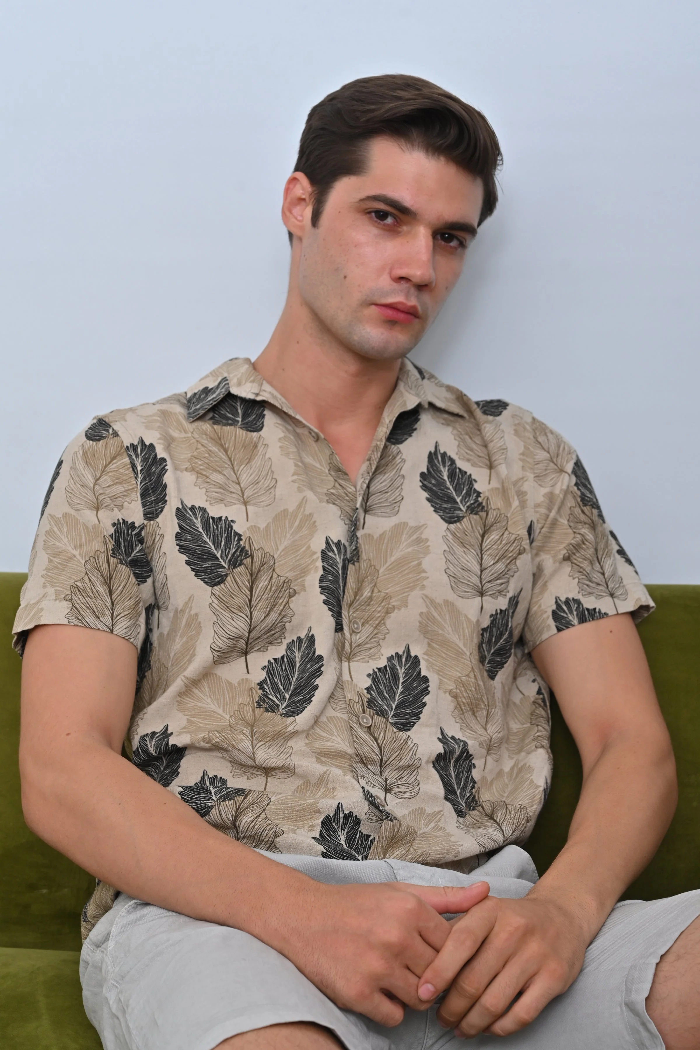 Men Felix Cotton Linen Printed Shirt Beige - Image 7