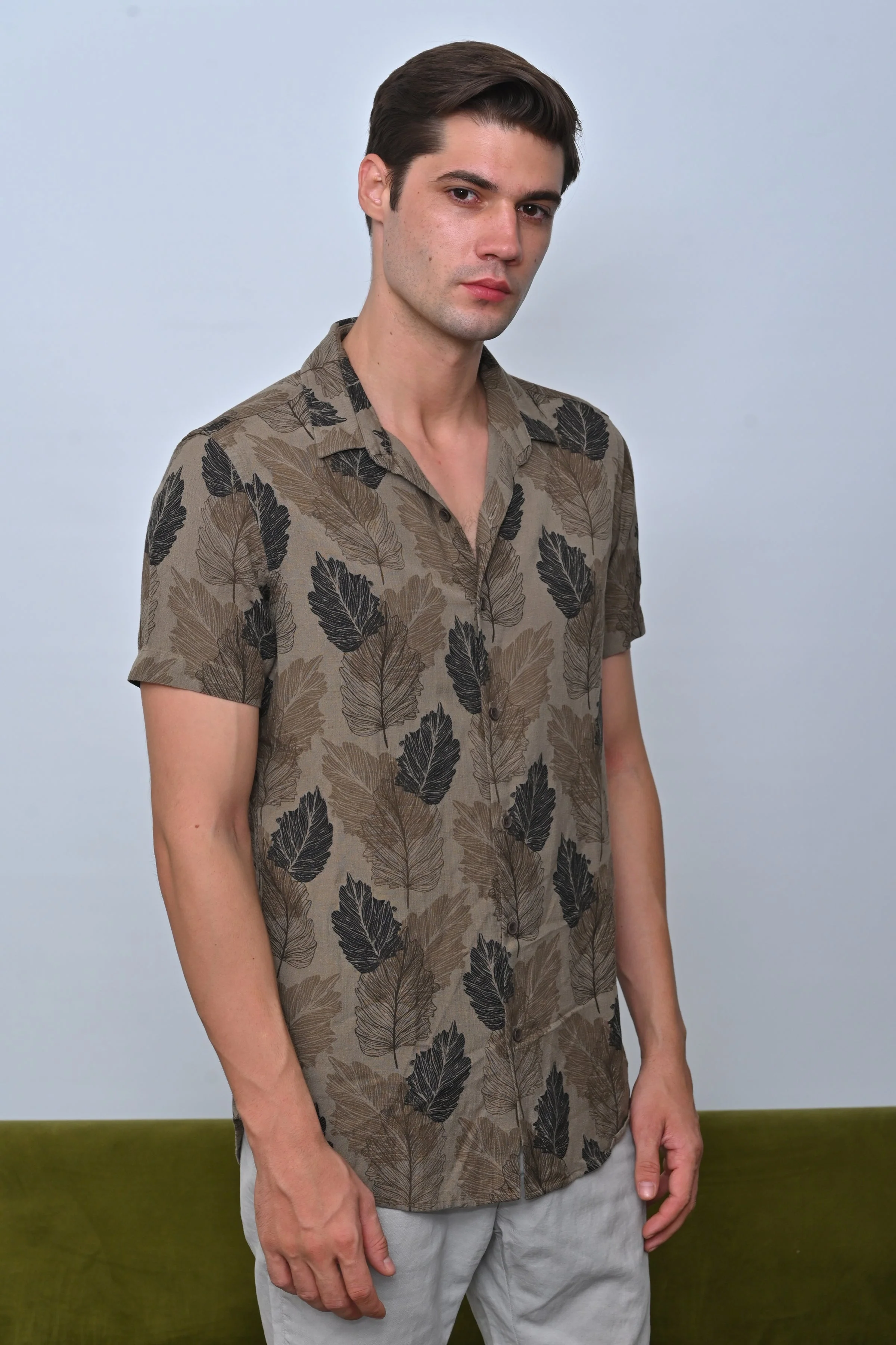 Men Felix Cotton Linen Printed Shirt Olive - Image 3