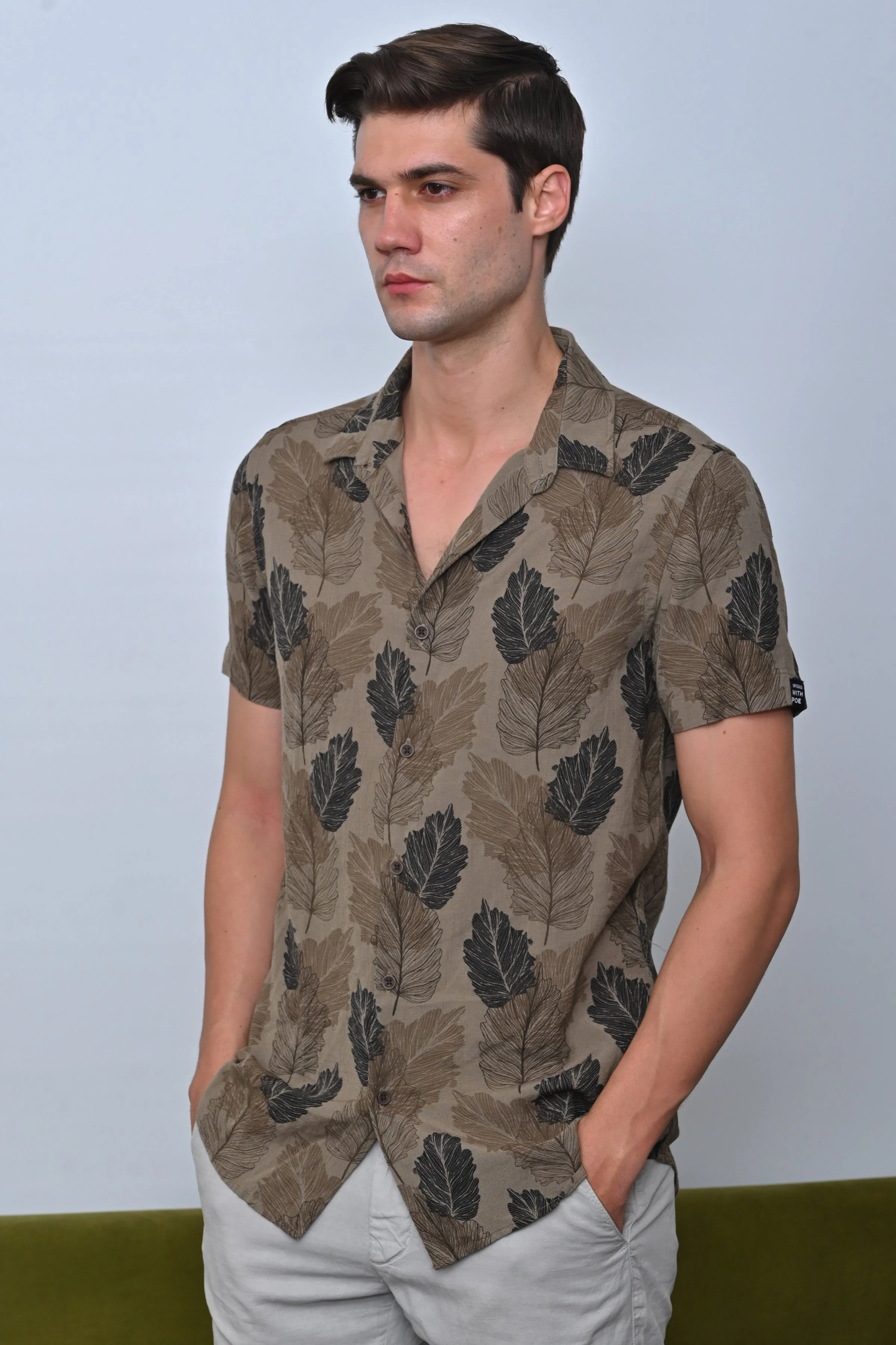Men Felix Cotton Linen Printed Shirt Olive - Image 4