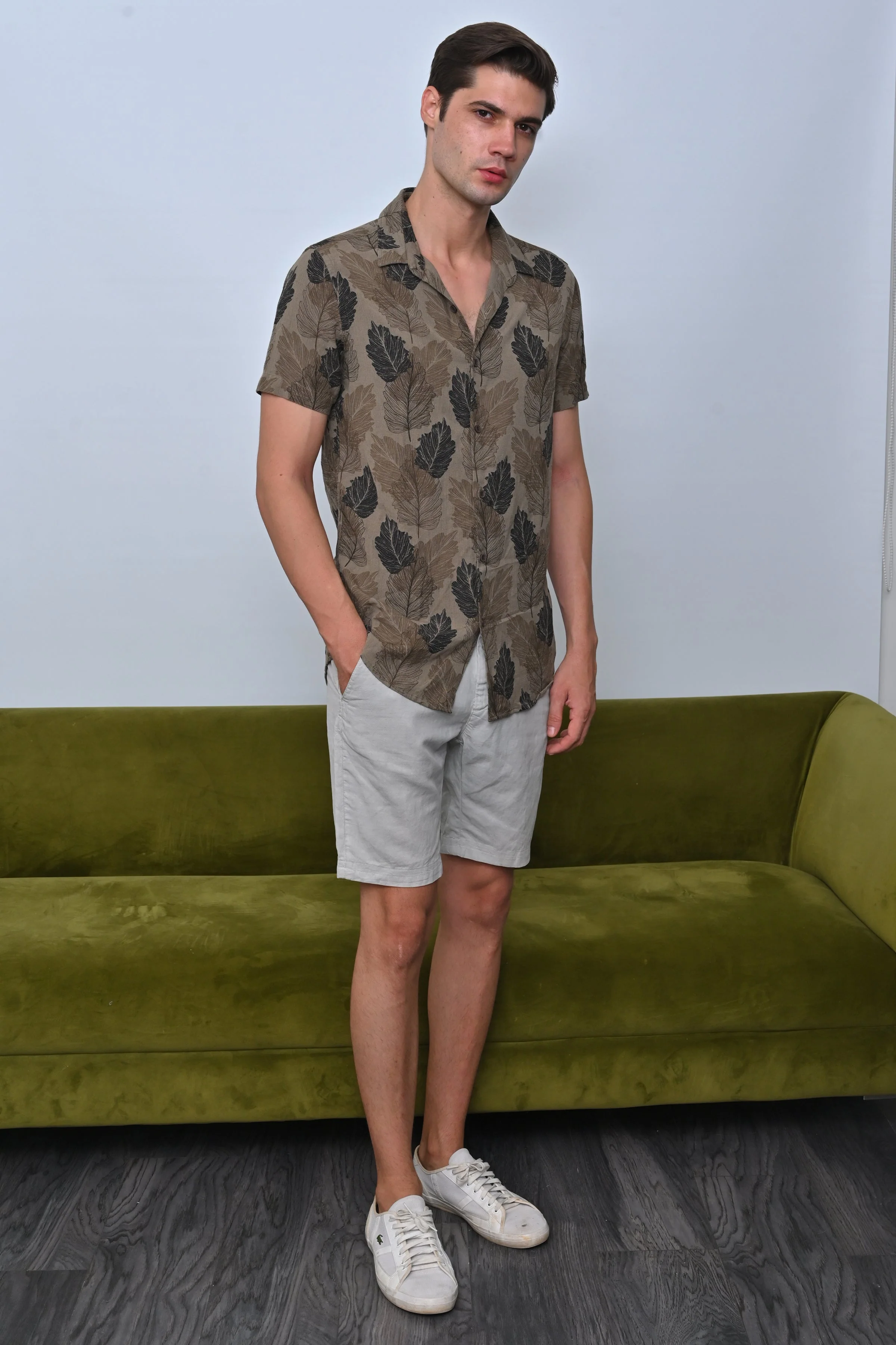 Men Felix Cotton Linen Printed Shirt Olive - Image 5